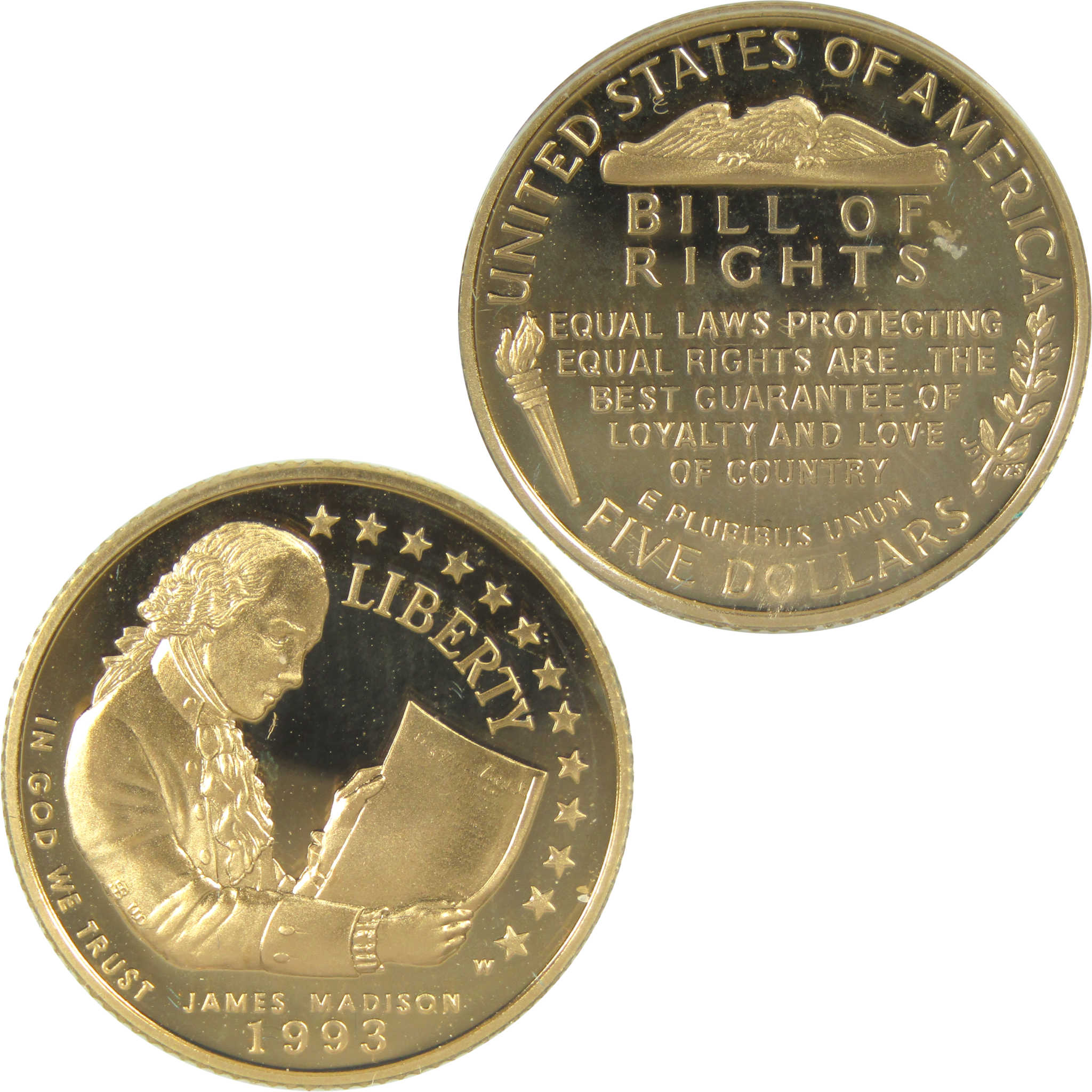 Bill of Rights Commemorative 1993 W Choice Proof Gold $5 Coin