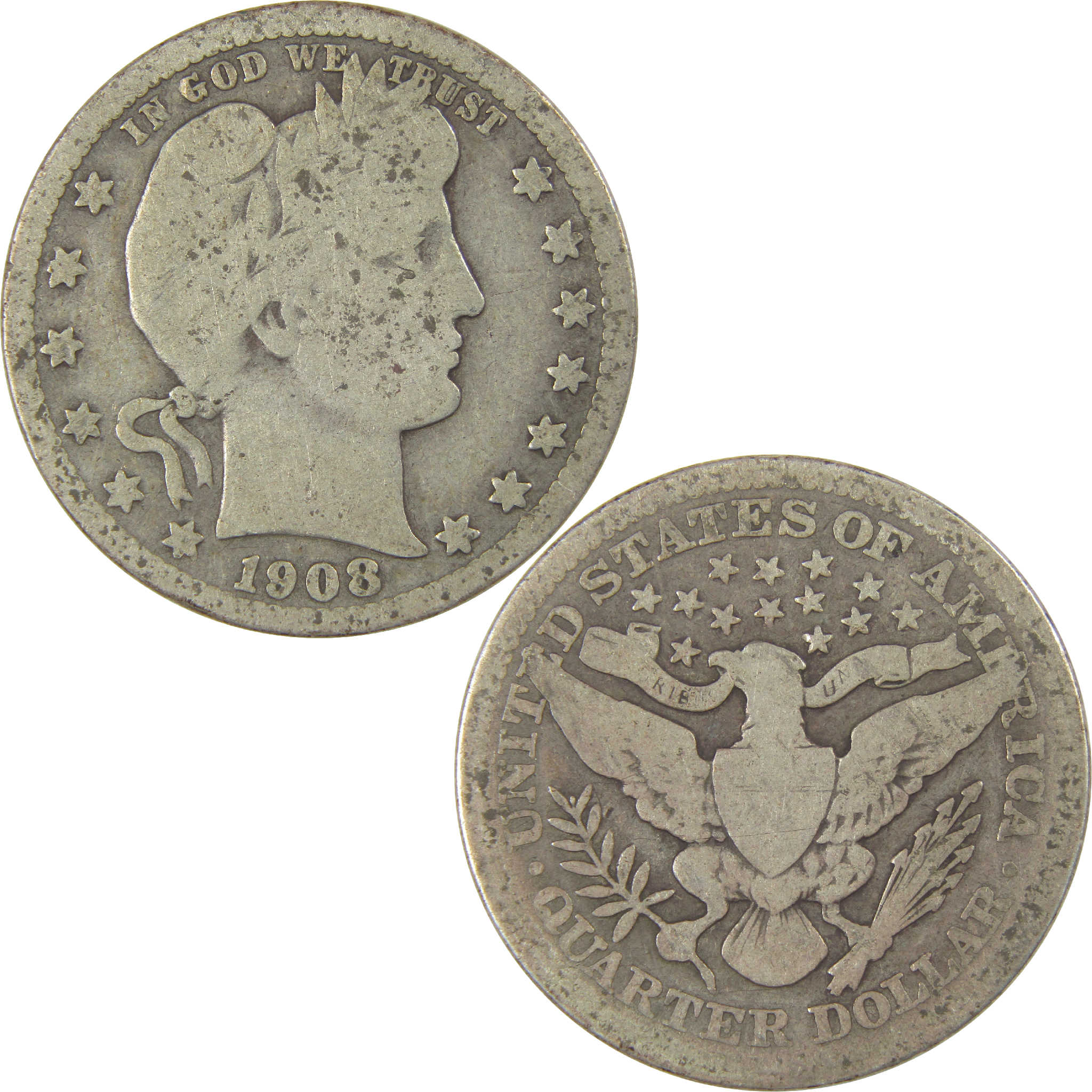 1908 Barber Quarter G Good Silver 25c Coin