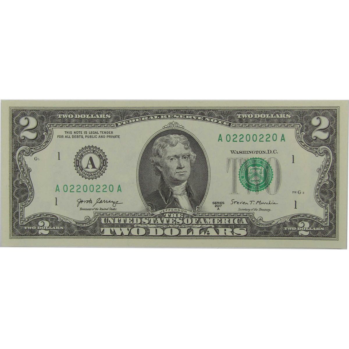 2017 A $2 Federal Reserve Binary Repeater Note CCU Choice Uncirculated