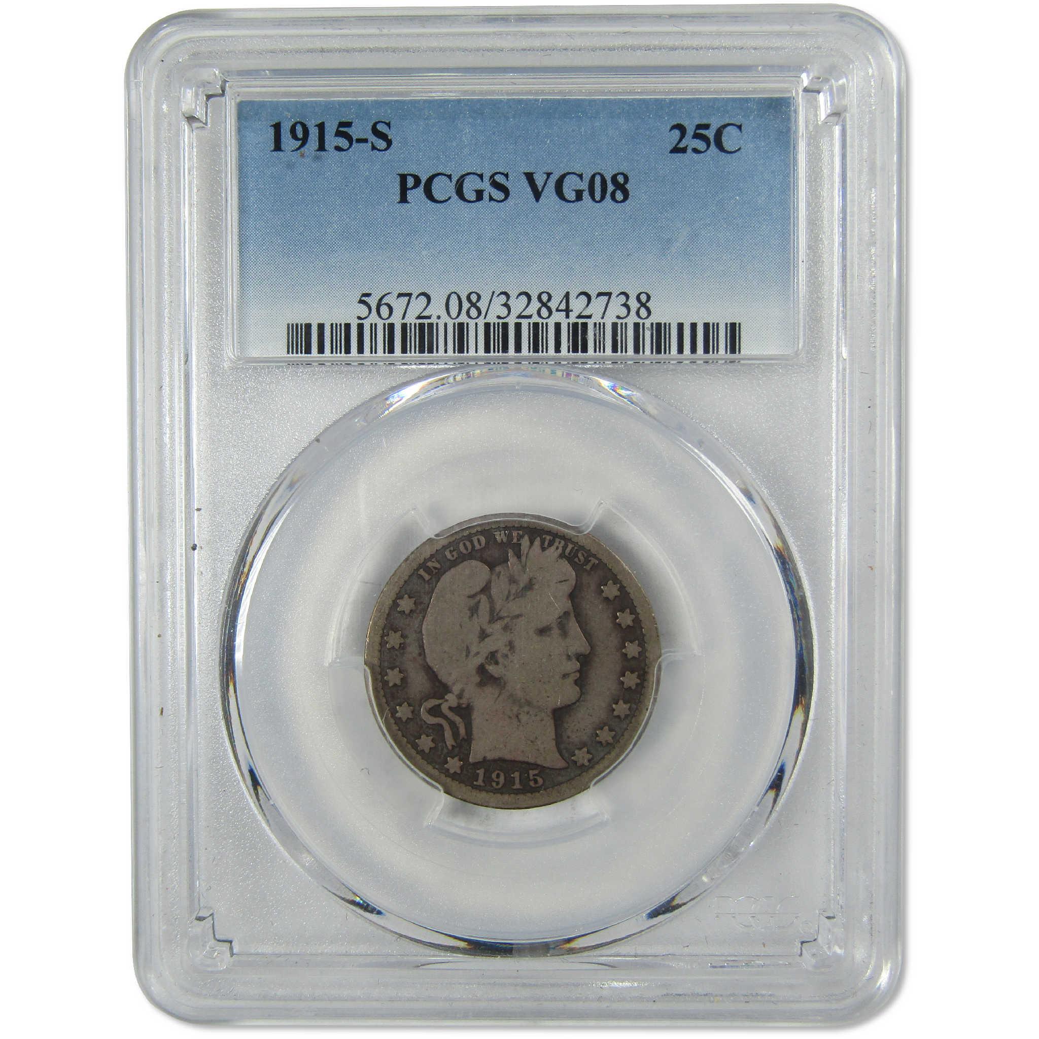 1915 S Barber Silver Quarter VG 8 PCGS 25c Coin Collectible