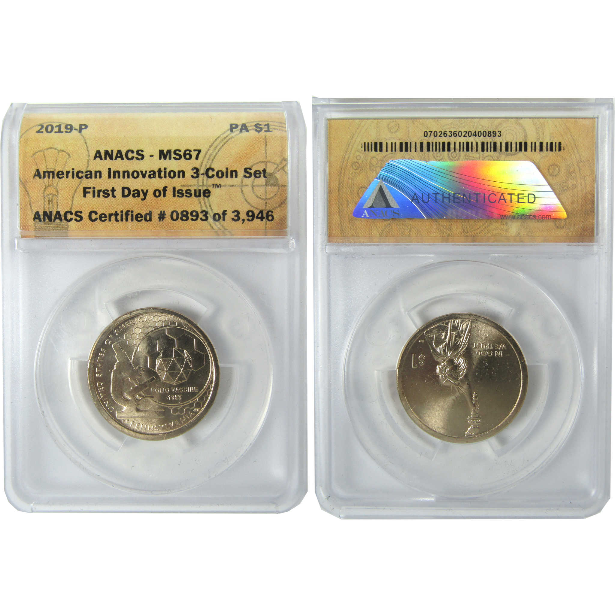 2019 PDS Polio Vaccine Innovation Dollar 3 Coin Set ANACS SKU:CPC9367