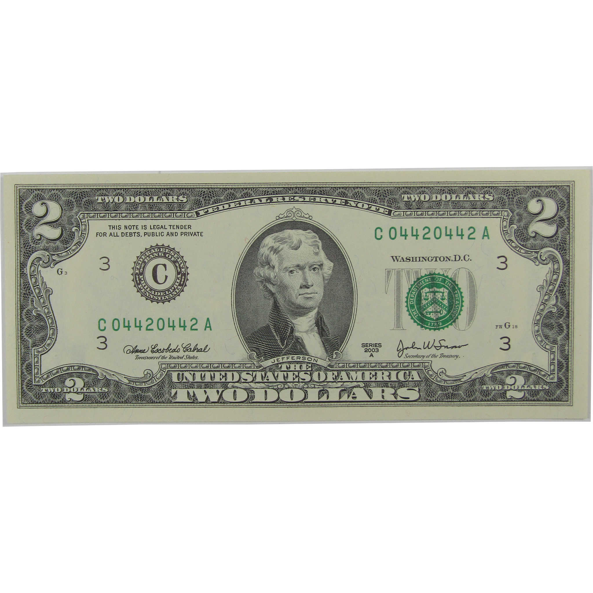 2003 A $2 Federal Reserve Repeater Note CCU Choice Crisp Uncirculated