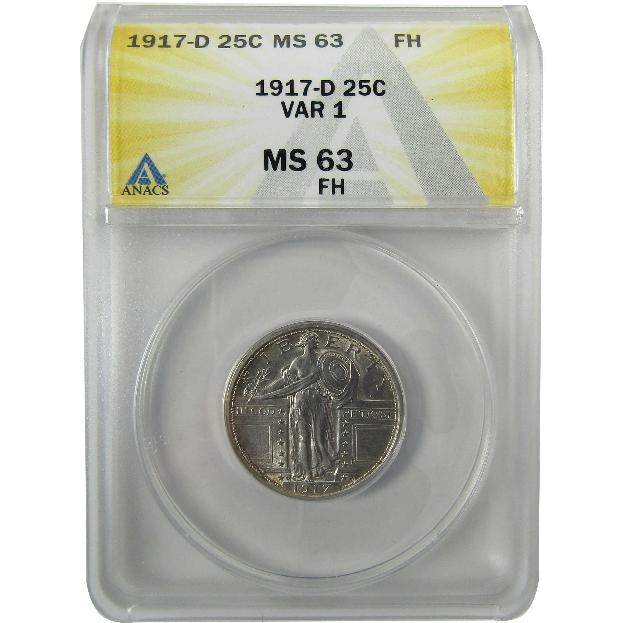 1917 D Type 1 Standing Liberty Silver 25c MS 63 FH ANACS SKU:I28470
