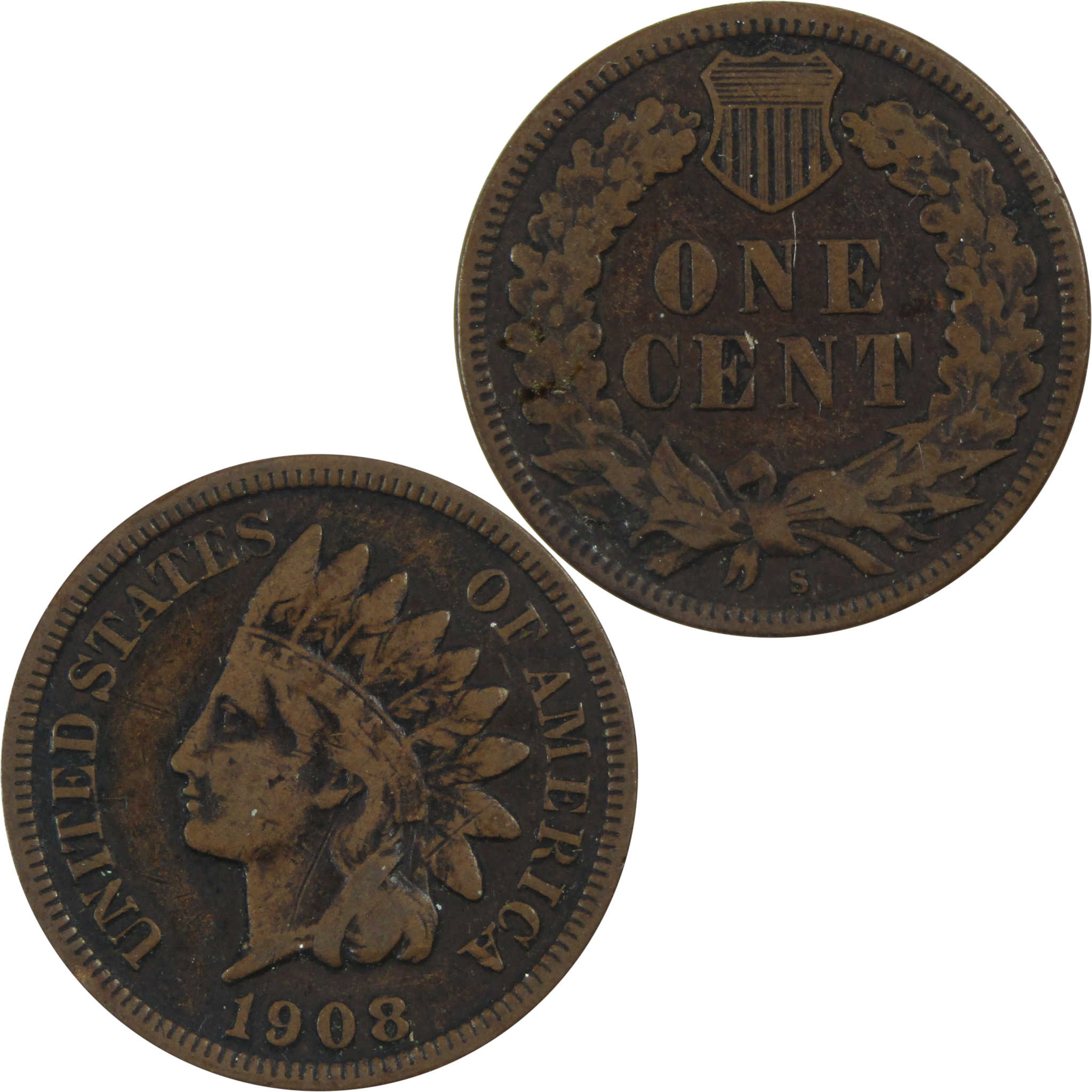 1908 S Indian Head Cent F Fine Penny 1c Coin SKU:I13464