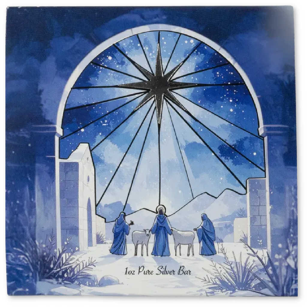 2025 Nativity Scene Colorized 1 oz Silver Bar Stained Glass Design
