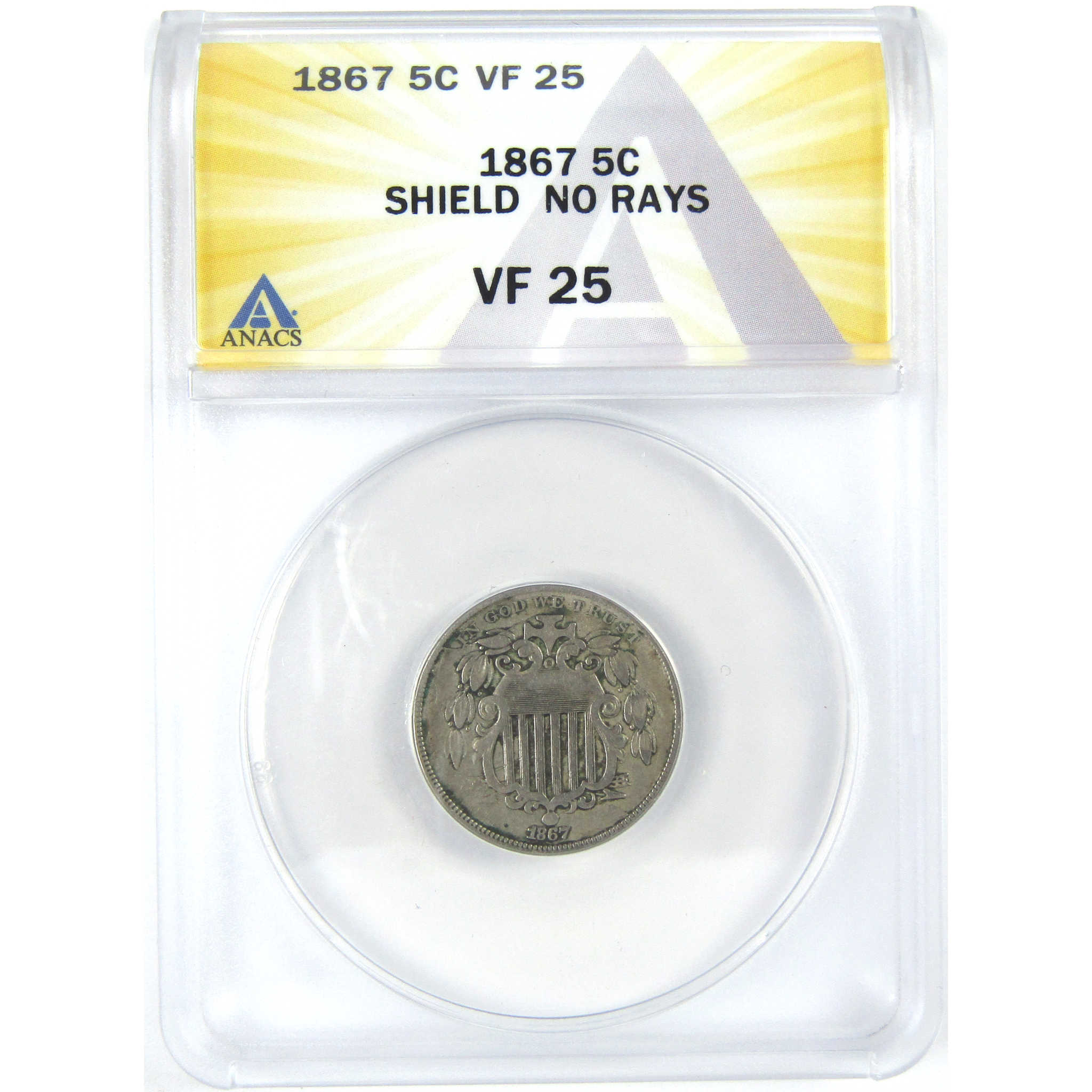 1867 No Rays Shield Nickel VF 25 ANACS 5c Coin SKU:I16272