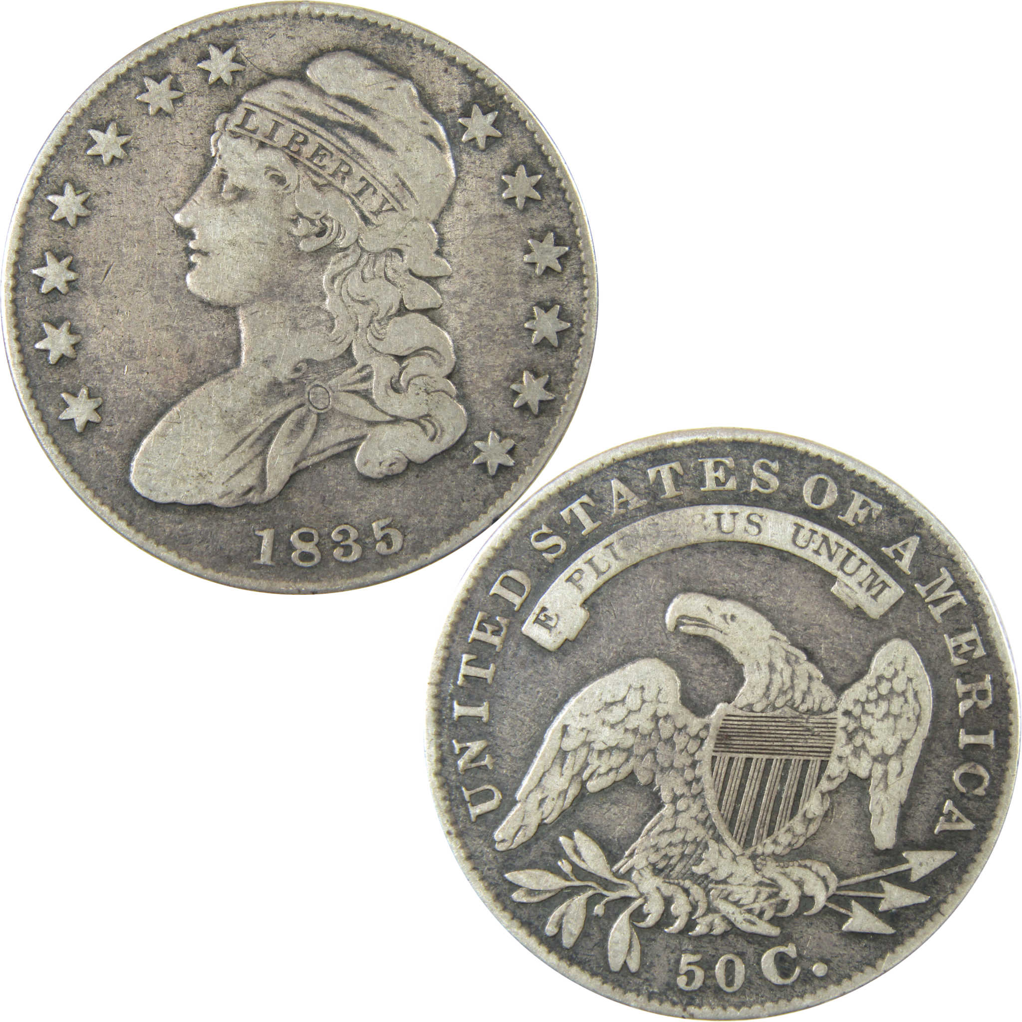 1835 Capped Bust Silver Half Dollar F Fine Details SKU:CP1499