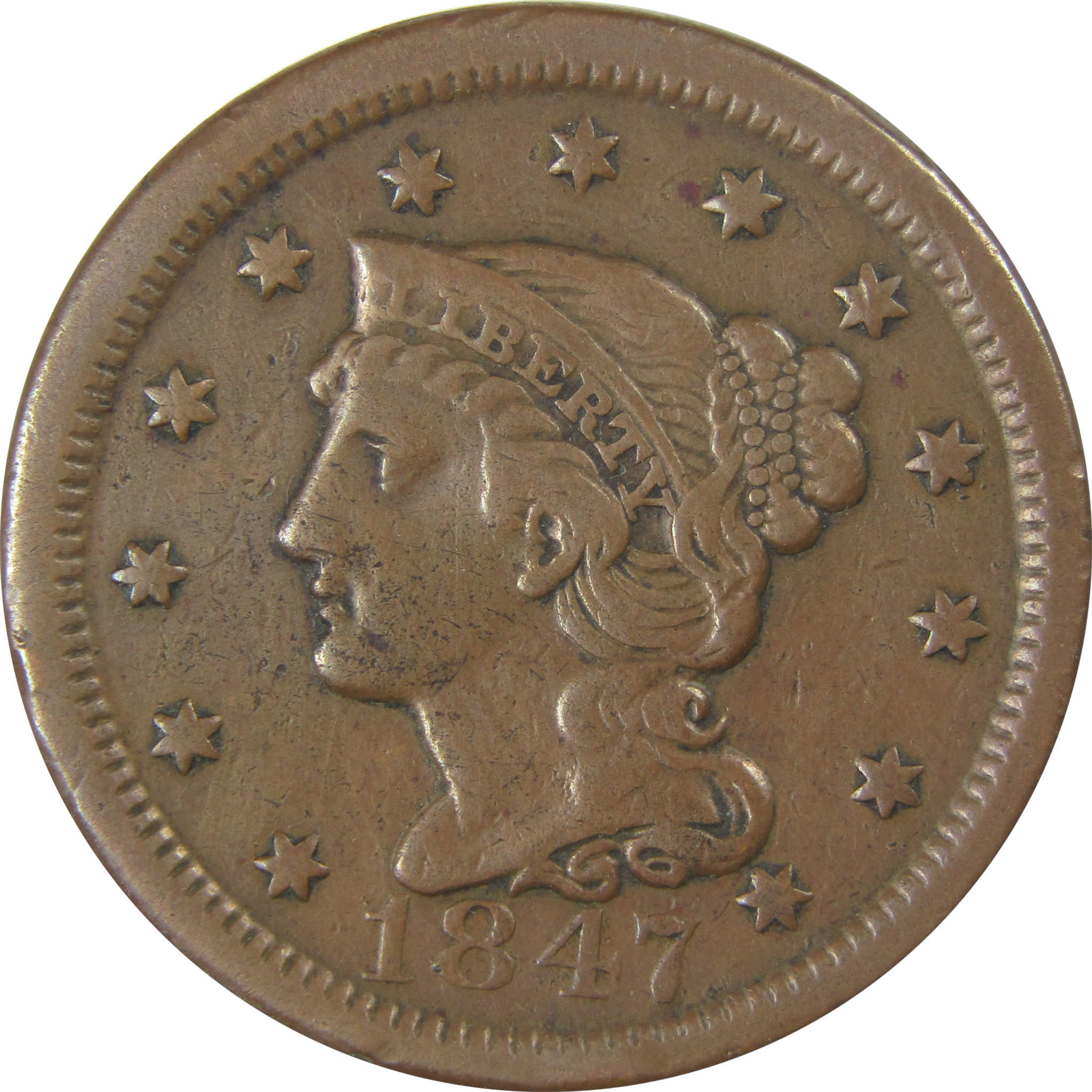 1847 Braided Hair Copper Large Cent VF Very Fine Details SKU:I23856