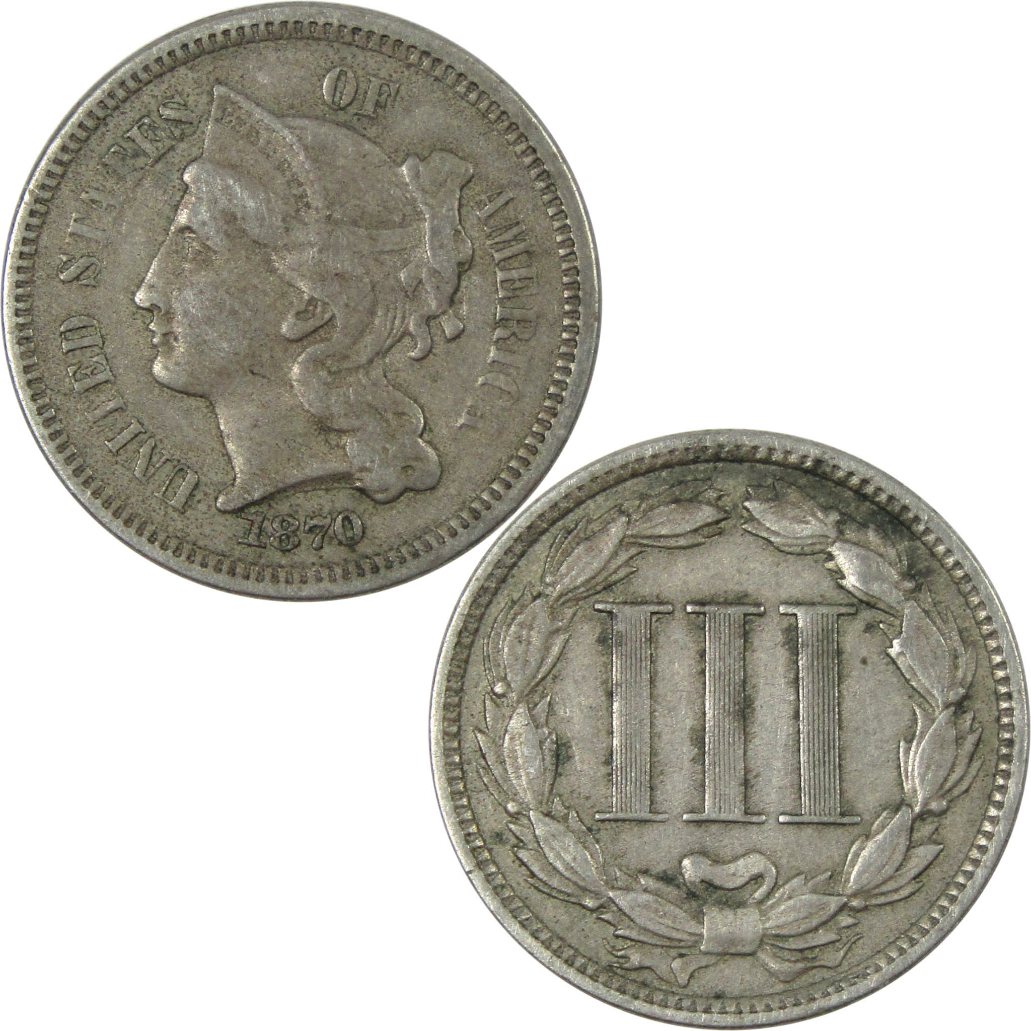 1870 Nickel Three Cent Piece F Fine 3c Coin SKU:CPC6893
