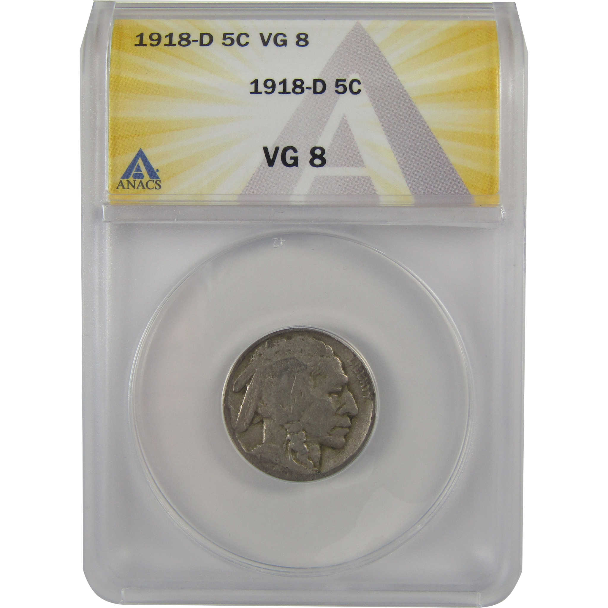 1918 D Indian Head Buffalo Nickel VG 8 ANACS 5c Coin SKU:I22244
