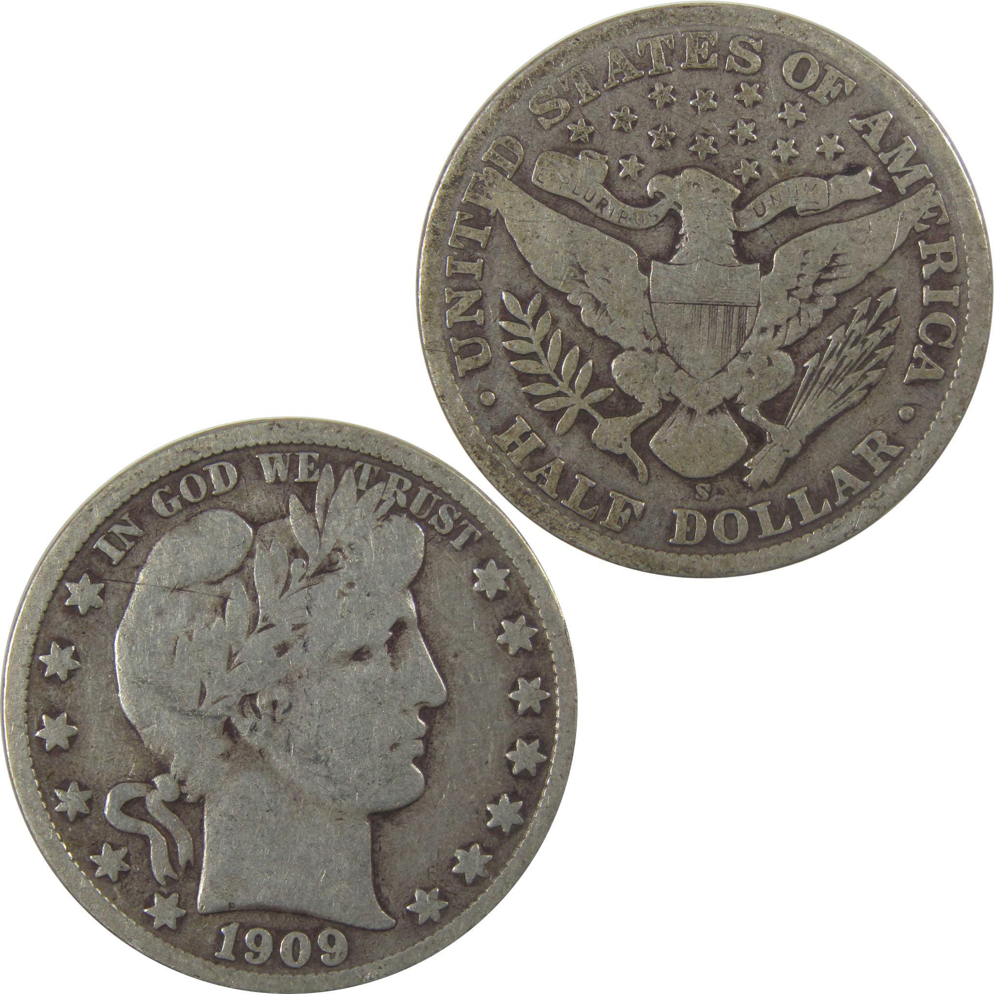 1909 S Barber Silver Half Dollar F Fine 50c Coin SKU:I25227