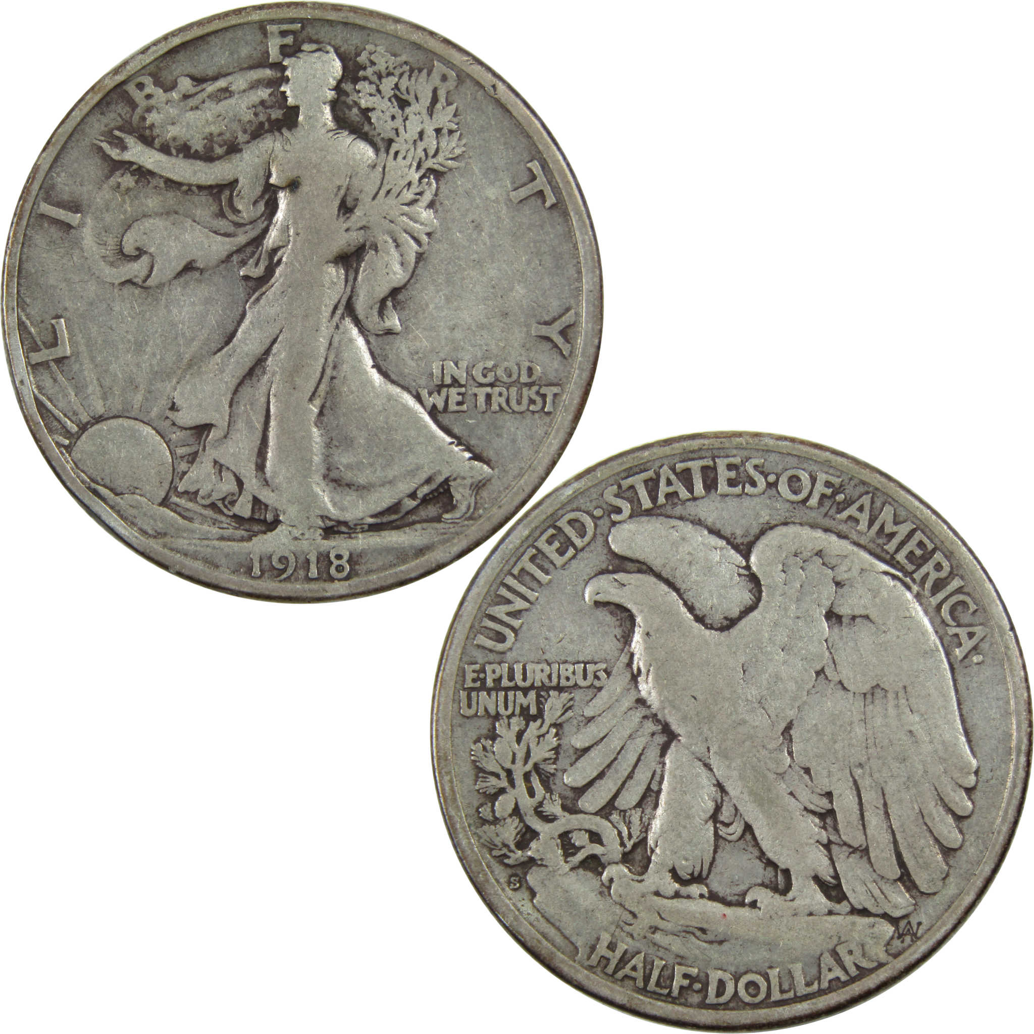 1918 S Liberty Walking Half Dollar F Fine Silver 50c Coin SKU:I13029