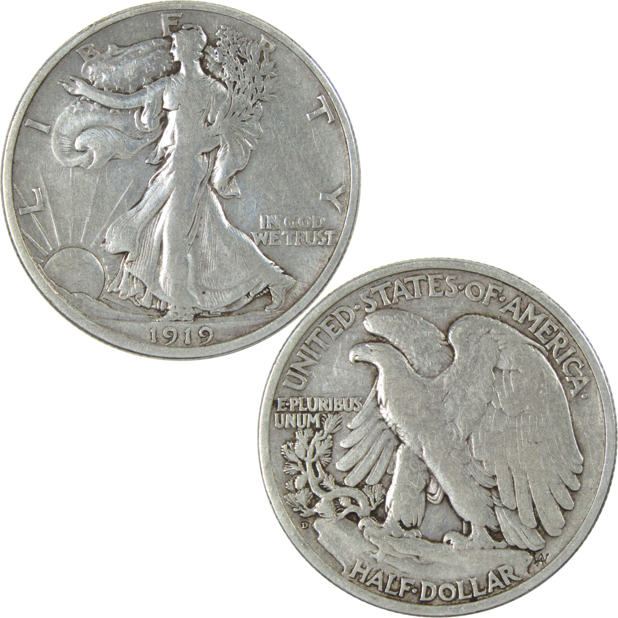1919 D Liberty Walking Half Dollar F Fine Details Silver SKU:I13711
