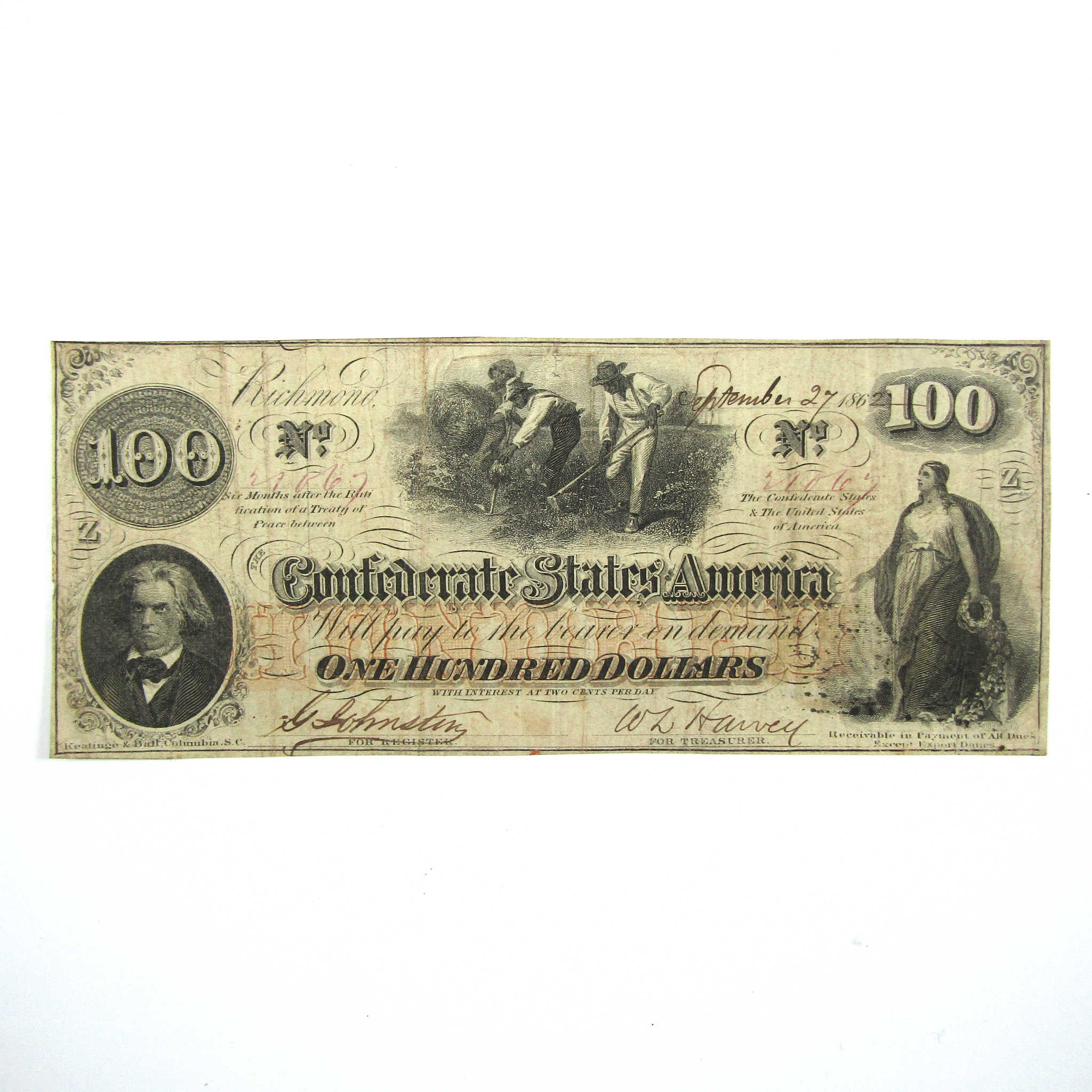 1862 $100 Confederate Note Circulated Currency SKU:I10415