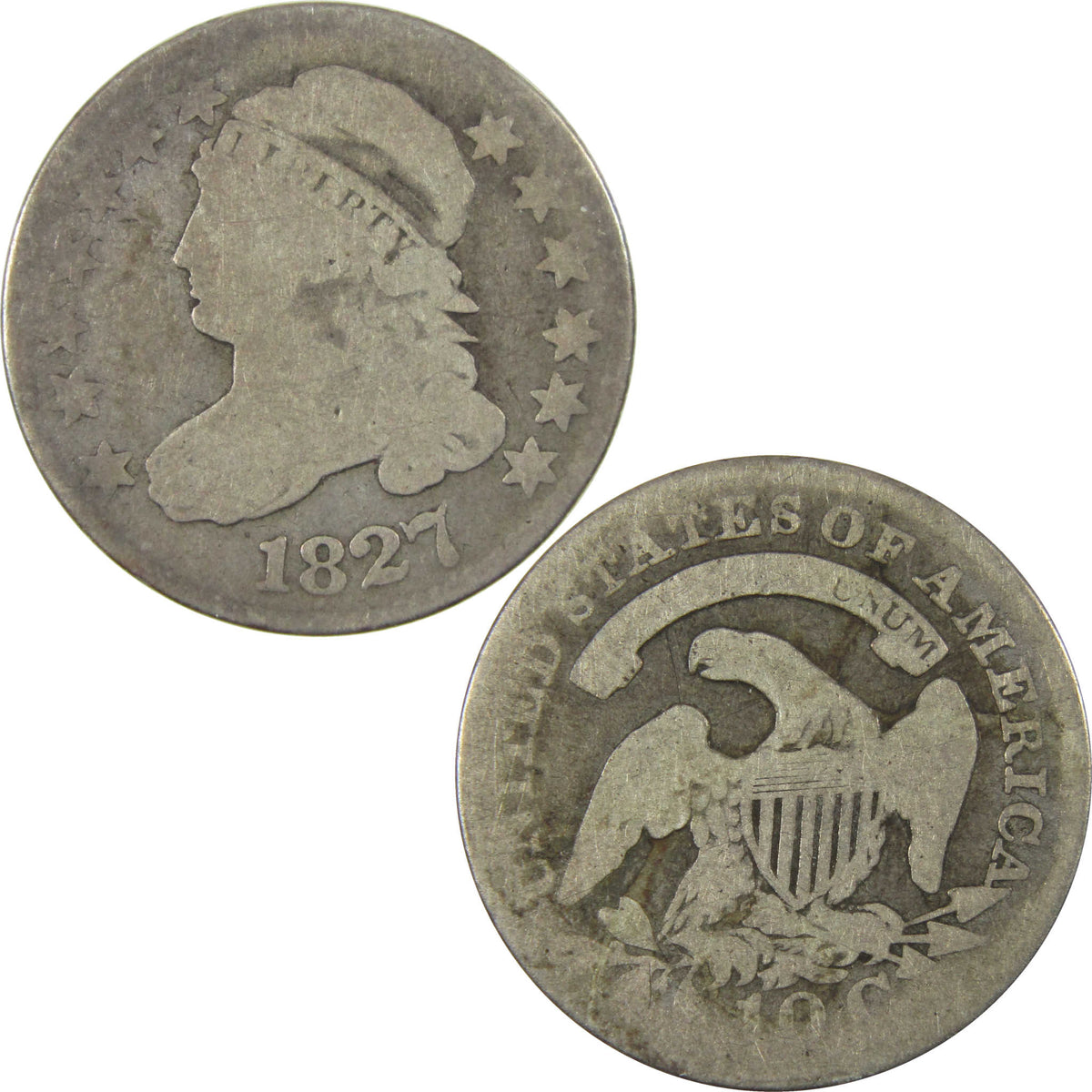 1827 Pointed Top Capped Bust Silver Dime AG About Good Coin SKU:CP1757