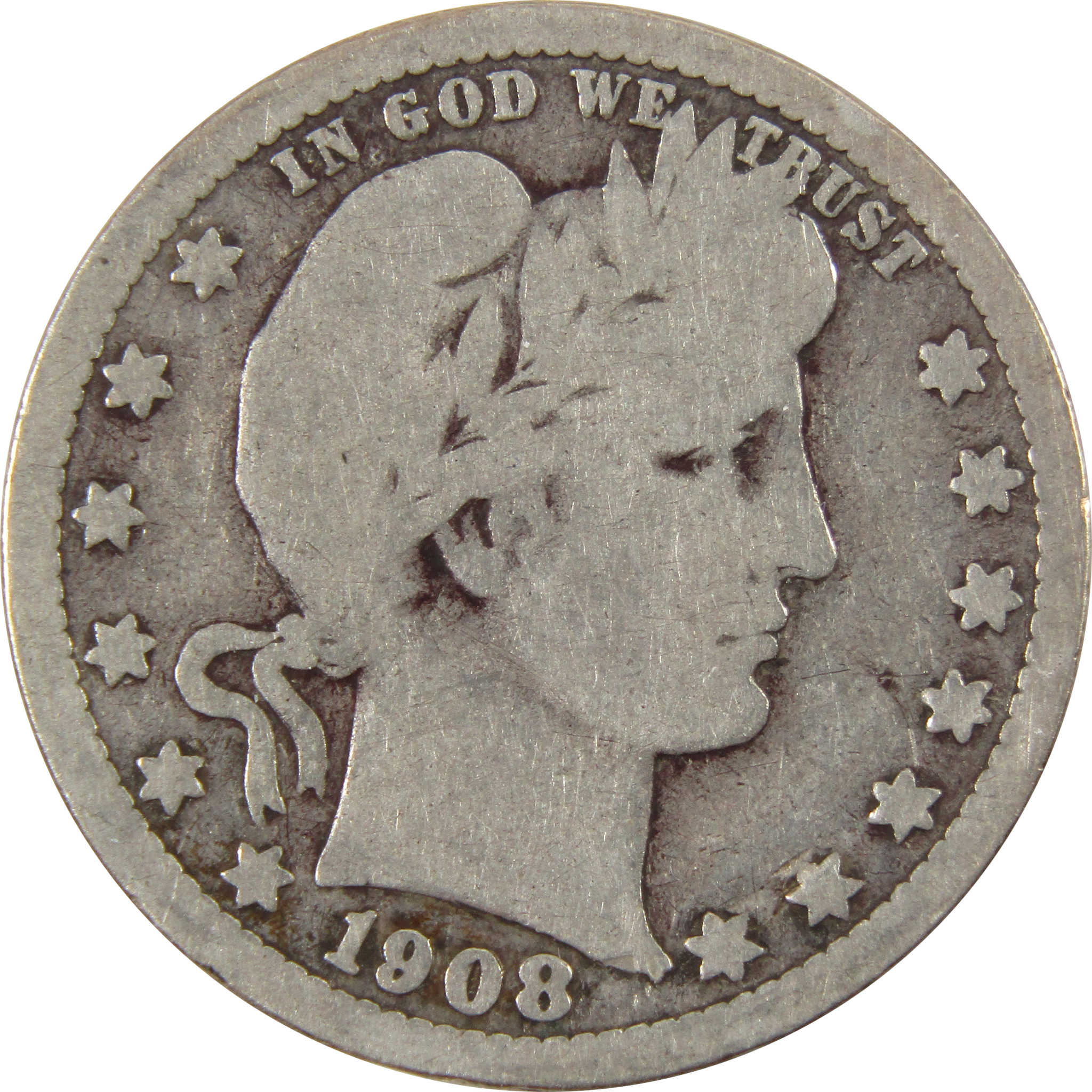 1908 O Barber Quarter G Good 90% Silver 25c Coin SKU:I9963