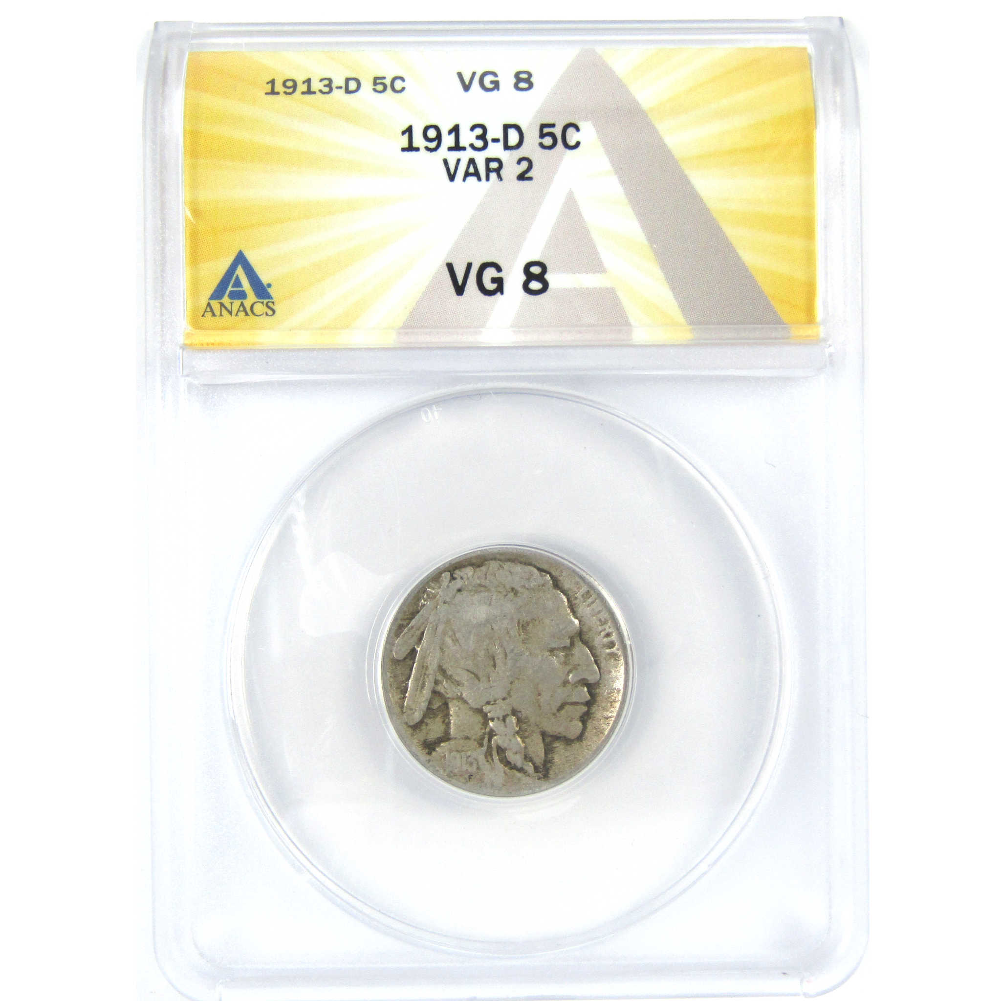 1913 D Type 2 Indian Head Buffalo Nickel VG 8 ANACS 5c Coin SKU:I16280