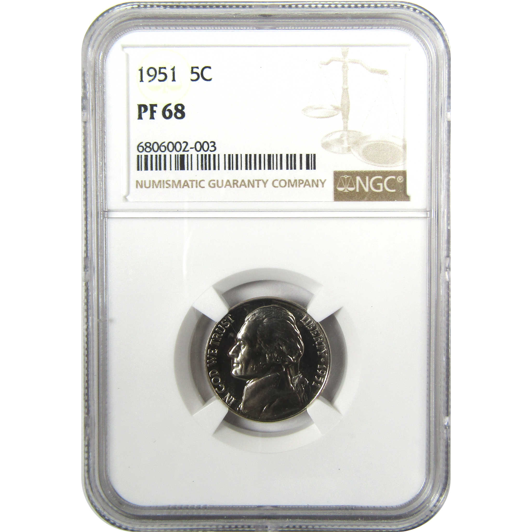 1951 Jefferson Nickel PF 68 NGC Proof 5c Coin Collectible SKU:I27337