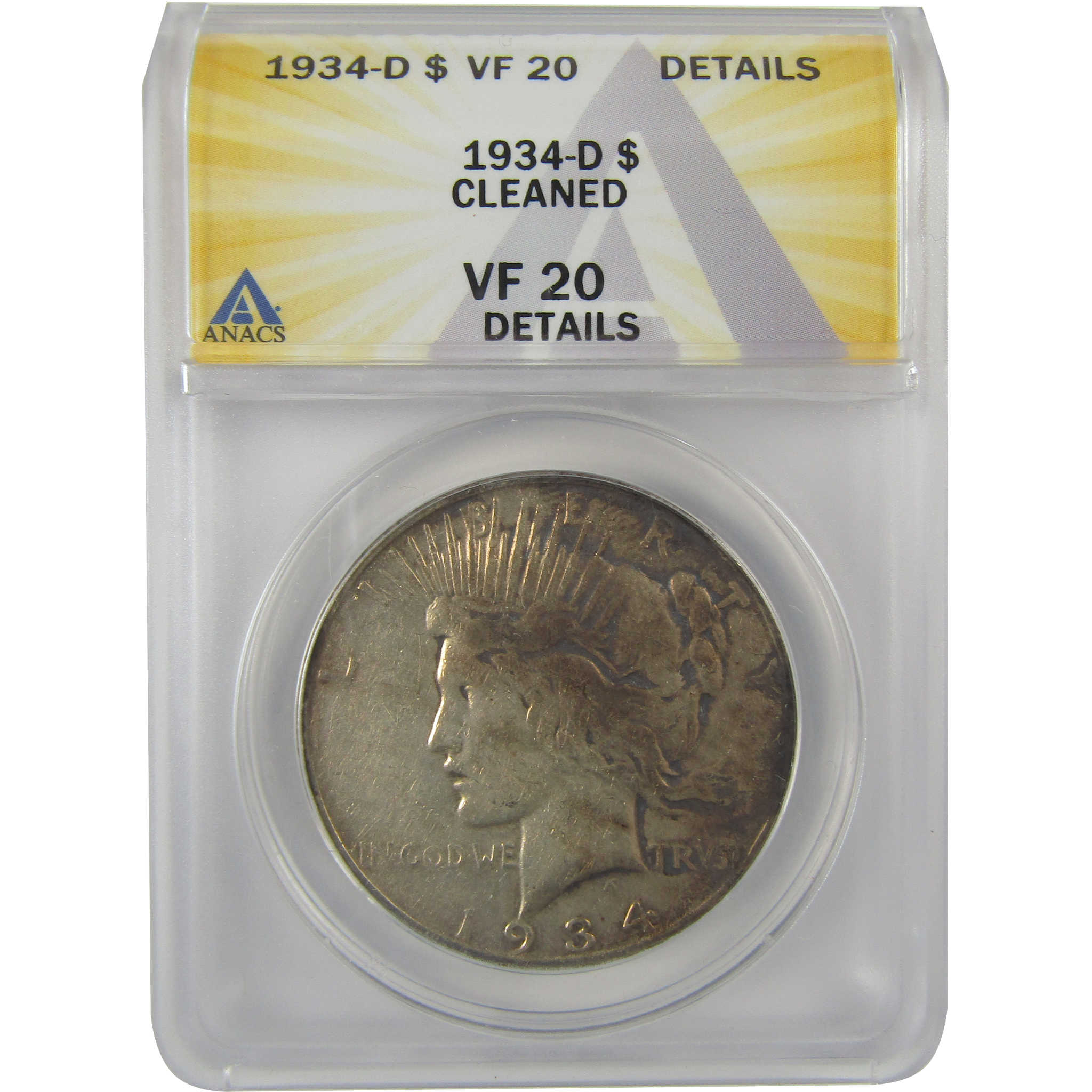 1934 D Peace Dollar VF 20 Details ANACS Silver $1 Coin SKU:I21555