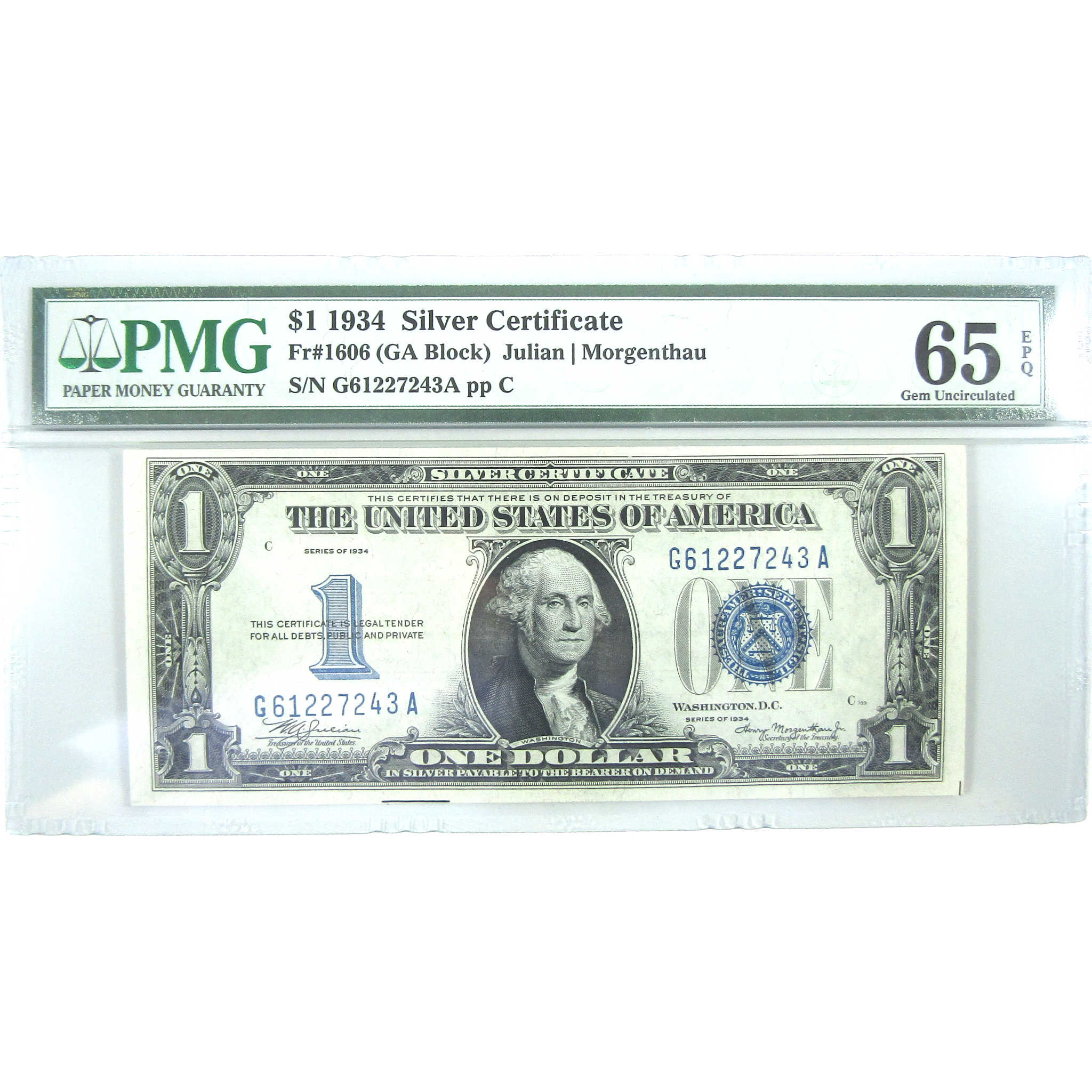 1934 $1 Silver Certificate FR1606 Gem Uncirculated 65 EPQ PMG