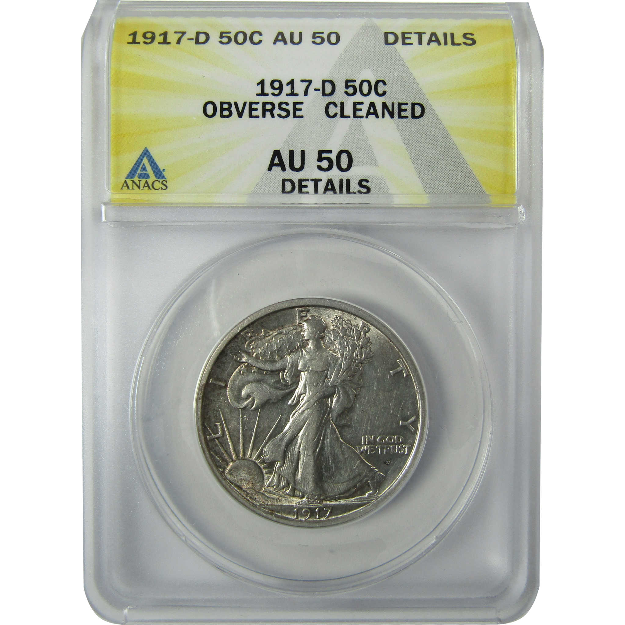 1917 D Obverse Liberty Walking Silver 50c AU Details SKU:CP557