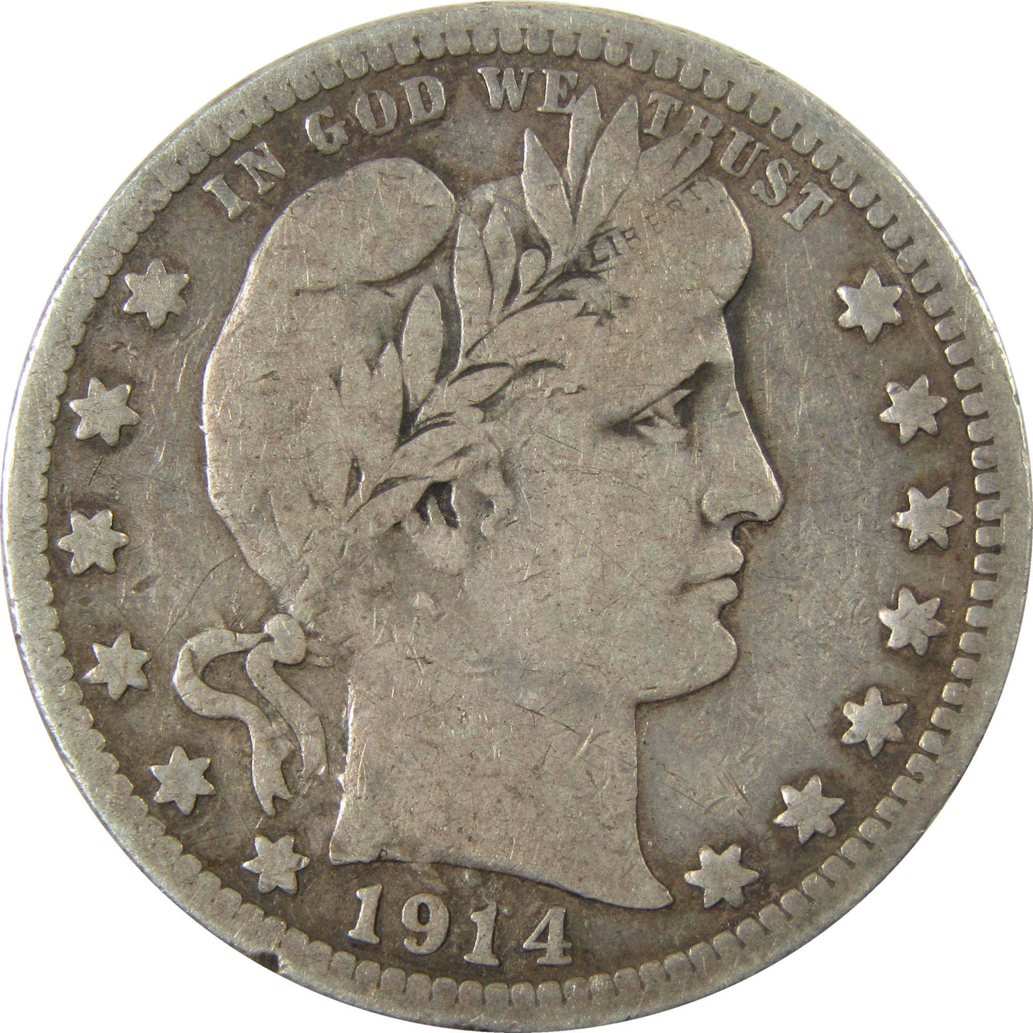 1914 S Barber Silver Quarter F Fine 25c Coin SKU:I28489