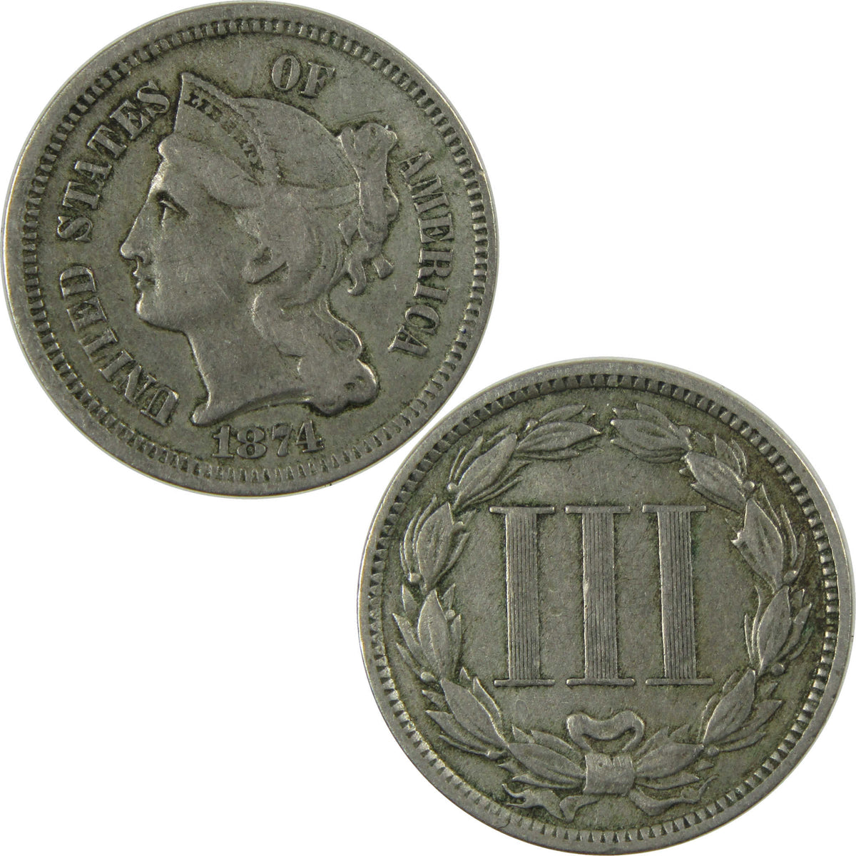 1874 Nickel Three Cent Piece VF Very Fine Details 3c Coin SKU:I28614