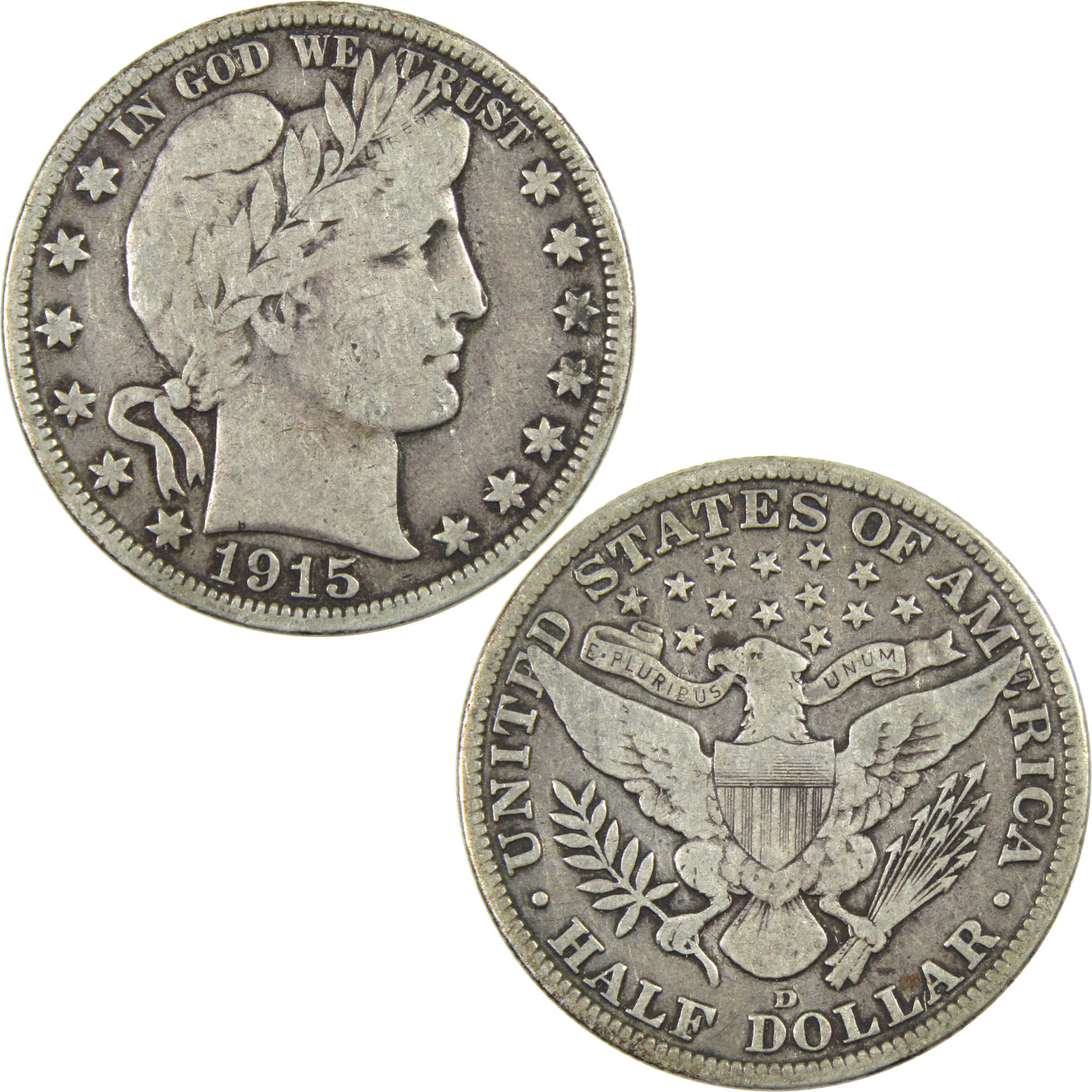 1915 D Barber Half Dollar F Fine Silver 50c Coin SKU:I13308