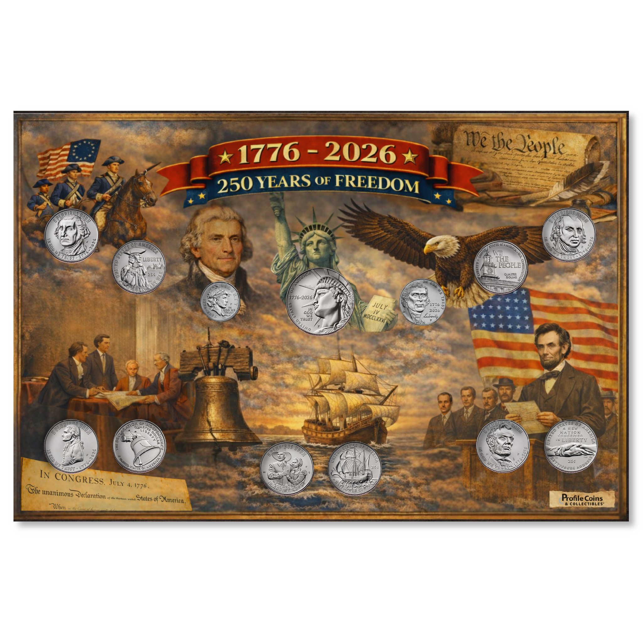 1776-2026 American 250th Anniversary Semiquincentennial Display Board with Mayflower & Revolutionary Quarters