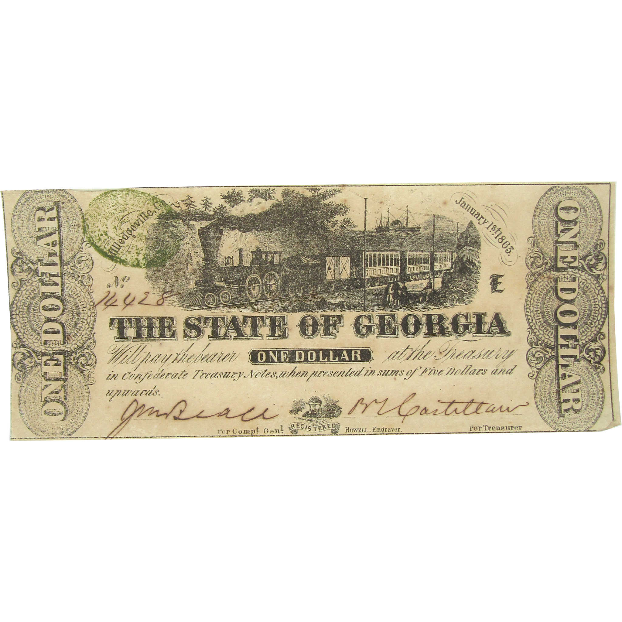 1863 $1 State of Georgia Confederate Note XF Extremely Fine or Better