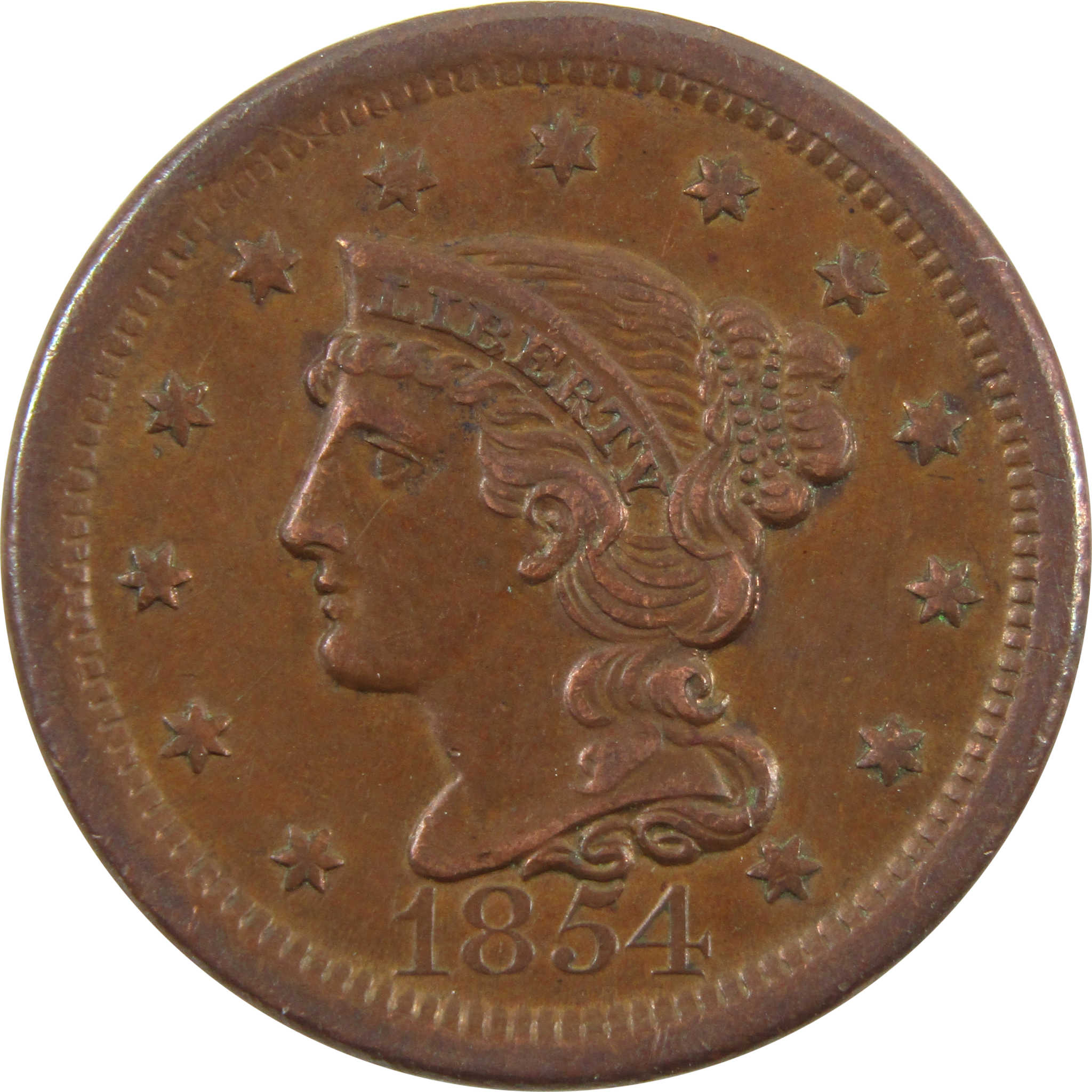 1854 Braided Hair Large Cent AU Copper Penny 1c Coin SKU:I10656