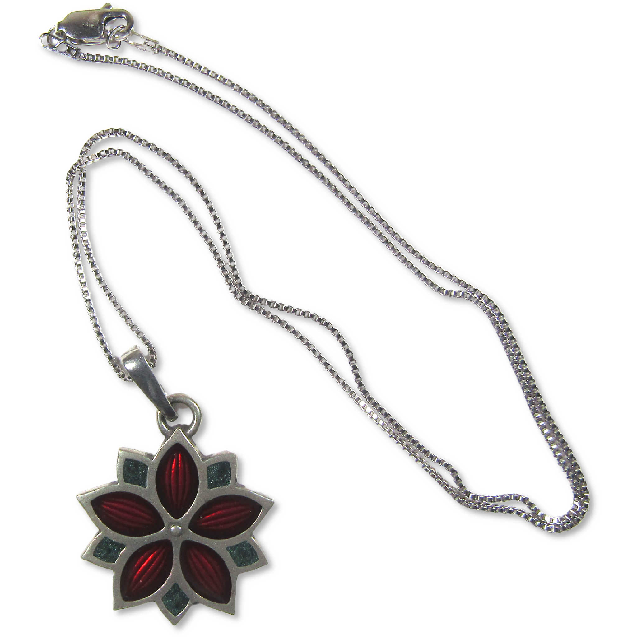Poinsettia Starburst Pewter Necklace with Sterling Silver Chain