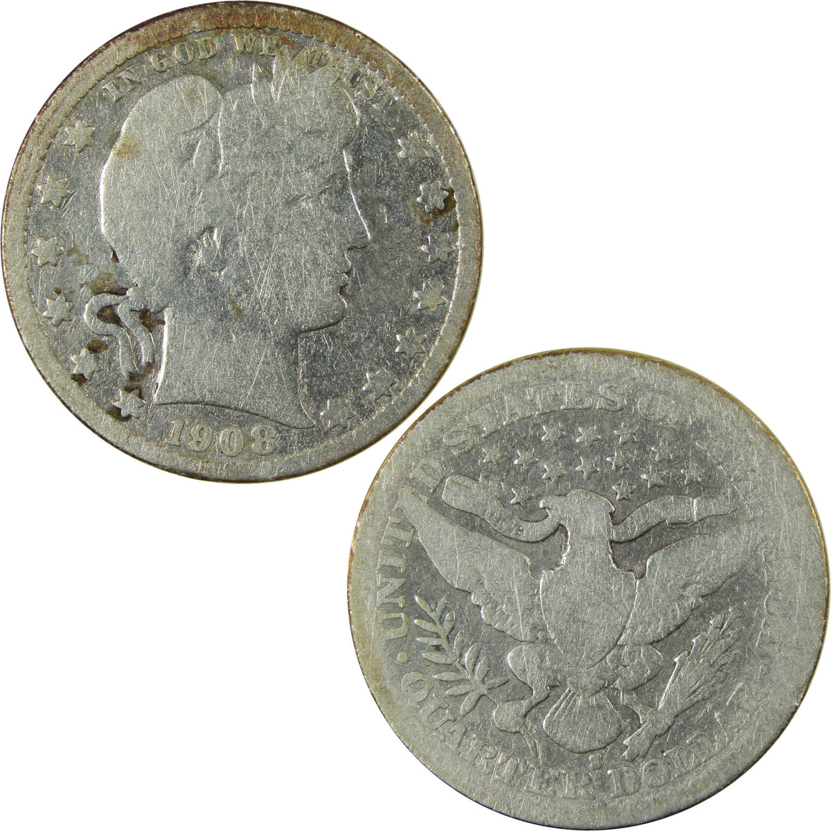 1908 S Barber Silver Quarter G Good Details 25c Coin SKU:I28525