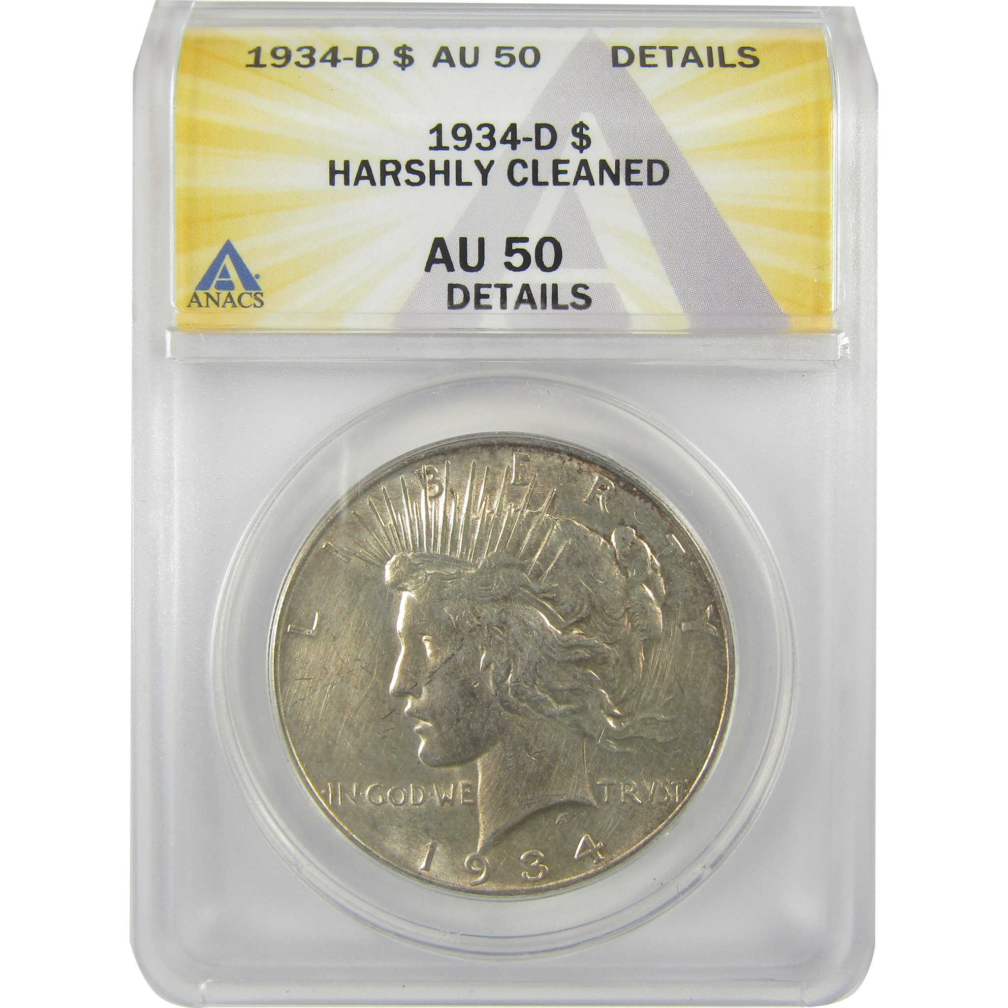 1934 D Peace Dollar AU 50 Details ANACS Silver $1 Coin SKU:I21573