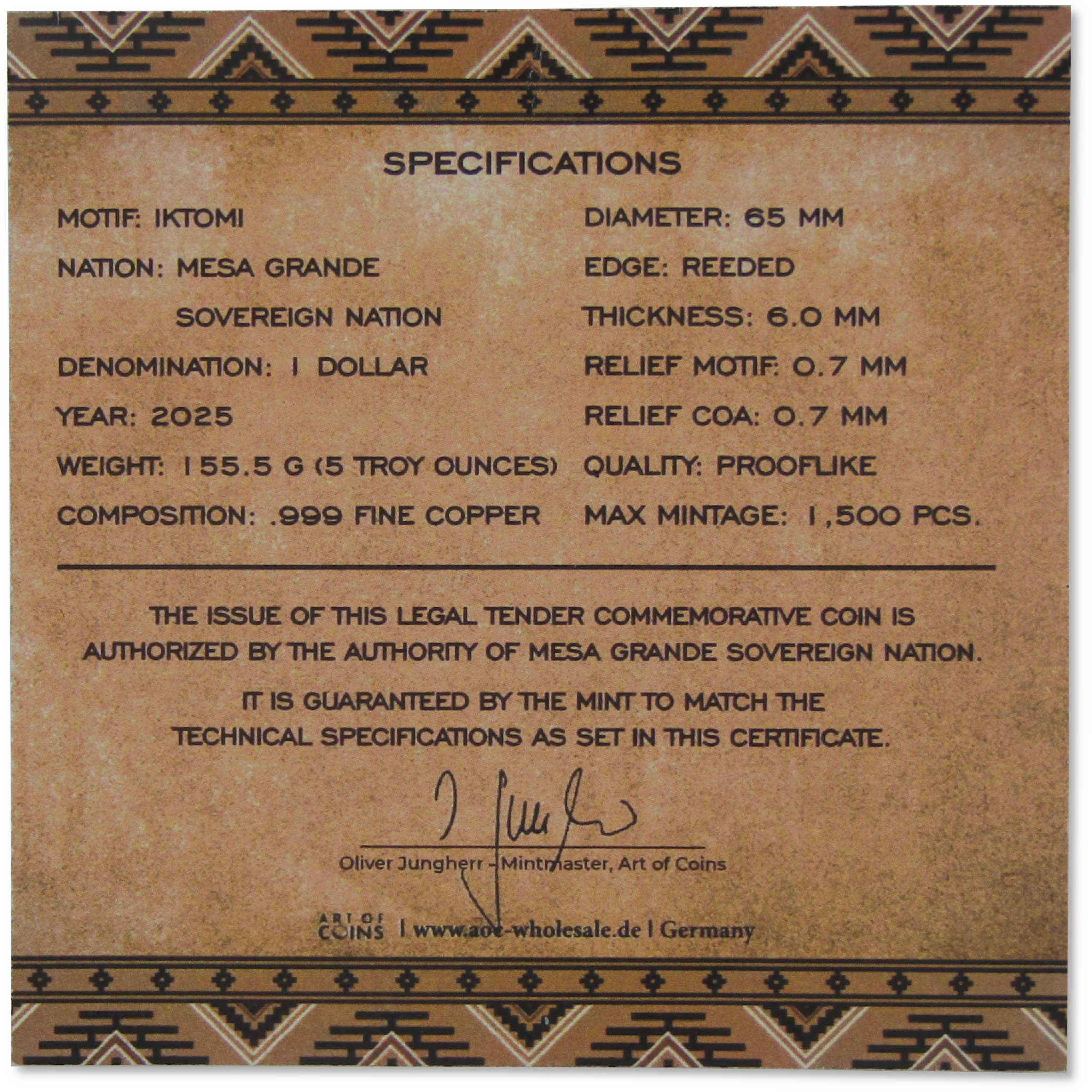 2025 Native American Mesa Grande Iktomi 5oz Copper Proof-Like $1 Coin