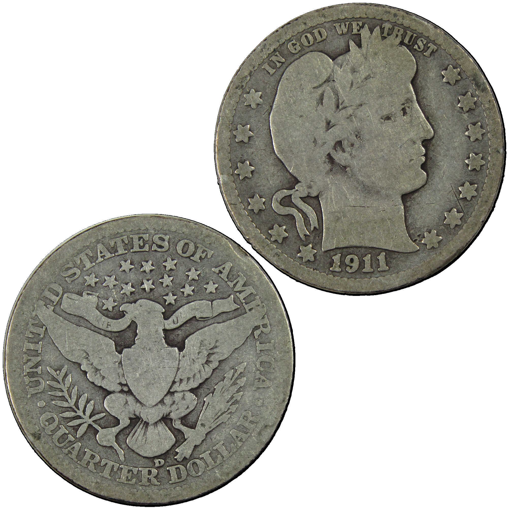 1911 D Barber Quarter G Good Silver 25c Coin SKU:I12738