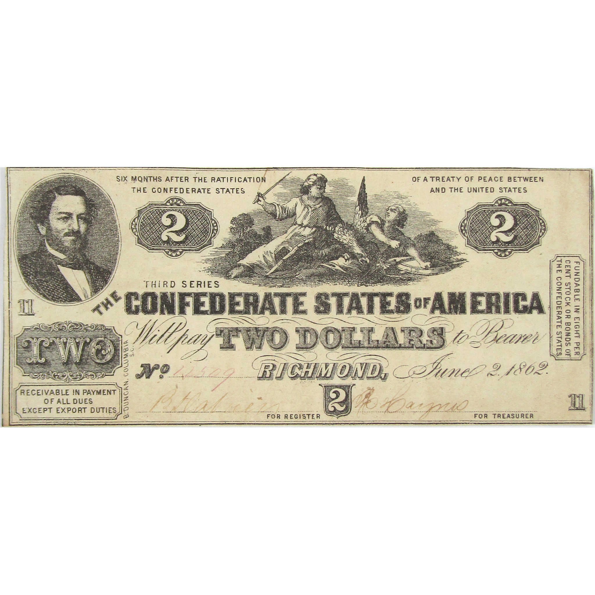 1862 $2 Confederate Note T42 Extremely Fine or Better Currency