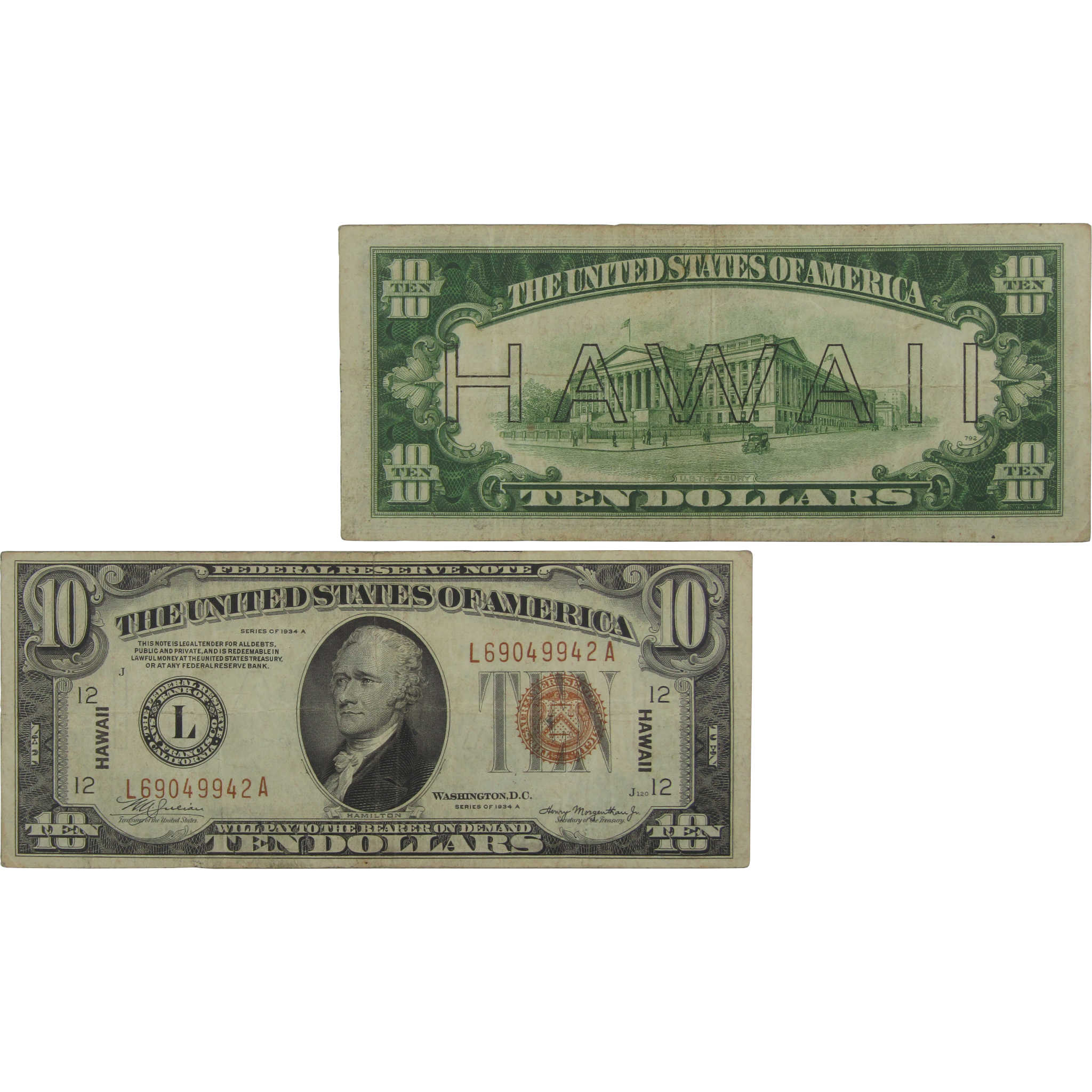 1934 A $10 Federal Reserve Note Hawaii WWII Fr 2303 Fine / Very Fine