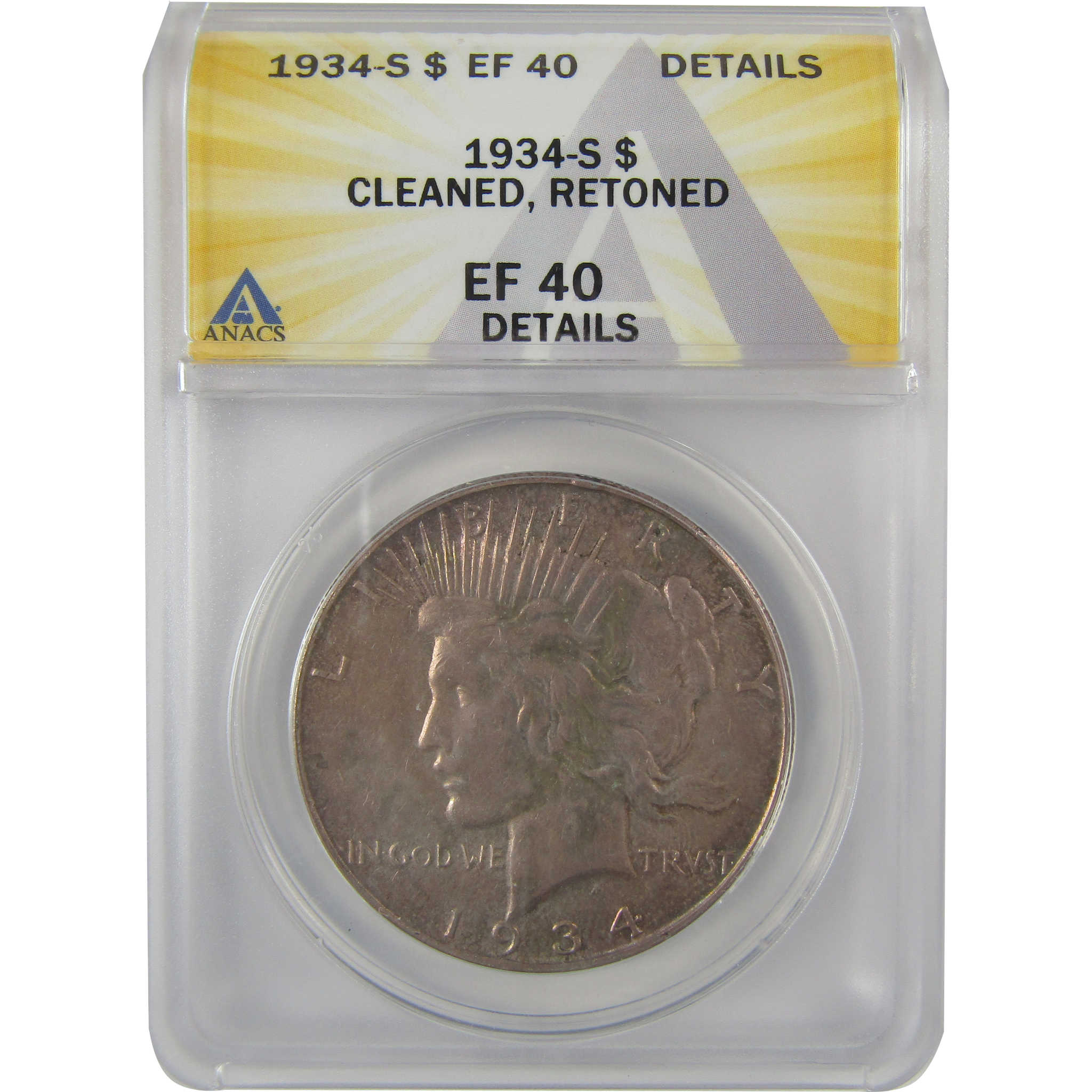 1934 S Peace Dollar EF 40 Details ANACS Silver $1 Coin SKU:I21635