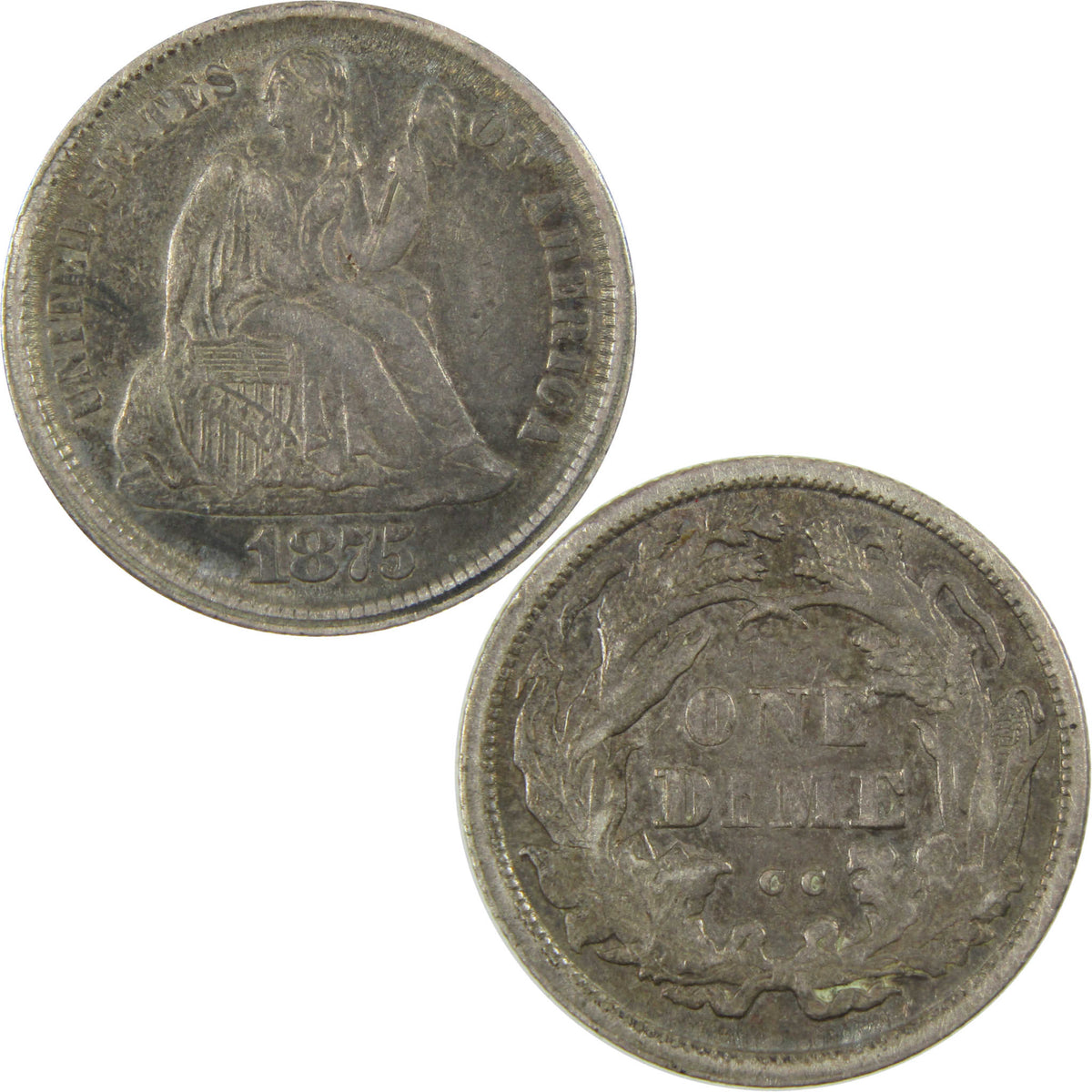 1875 CC Above Bow Seated Liberty Silver Dime VF Very Fine SKU:CP1751