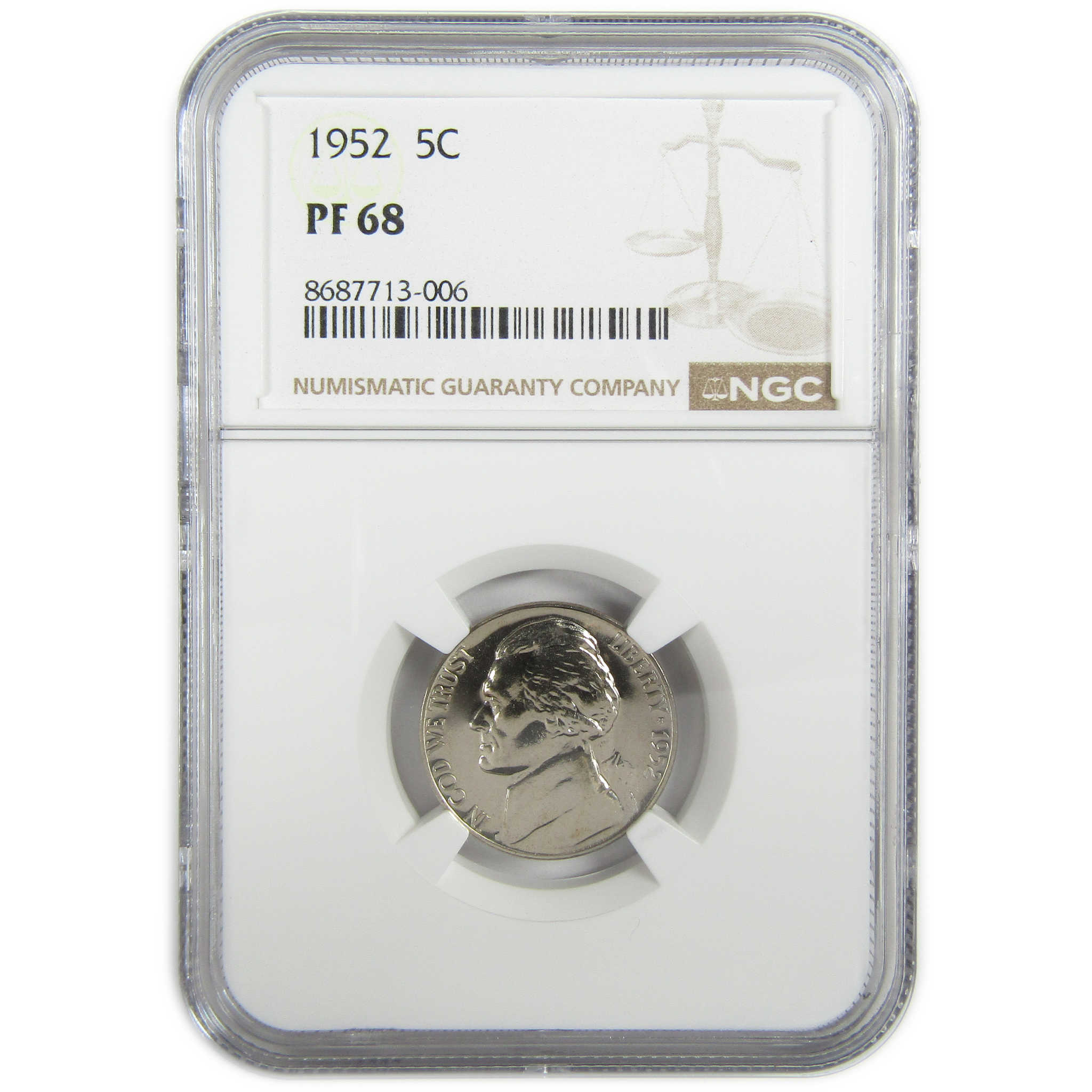1952 Jefferson Nickel PF 68 NGC Proof 5c Coin Collectible SKU:I27354