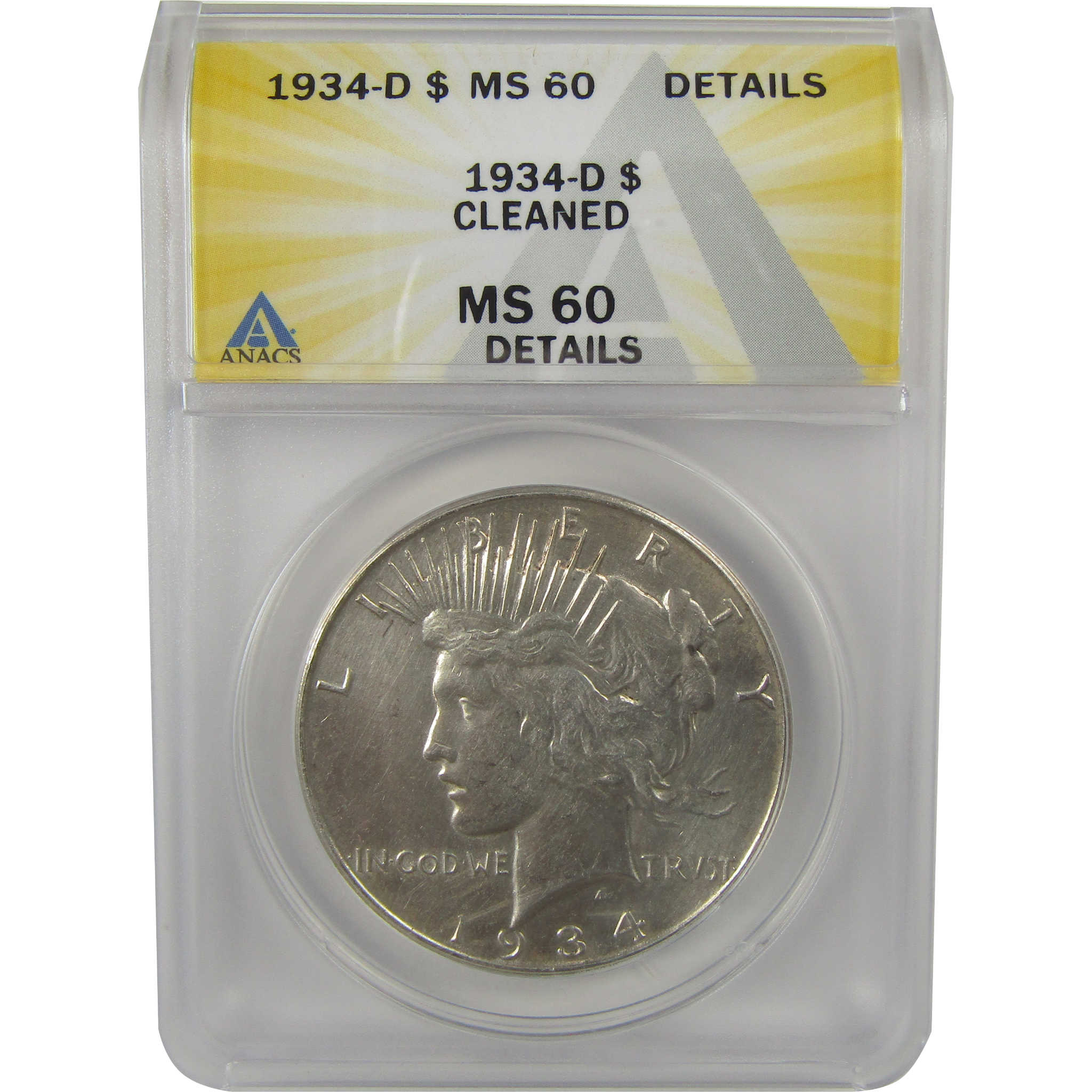 1934 D Peace Dollar MS 60 Details ANACS Silver Uncirculated SKU:I22378