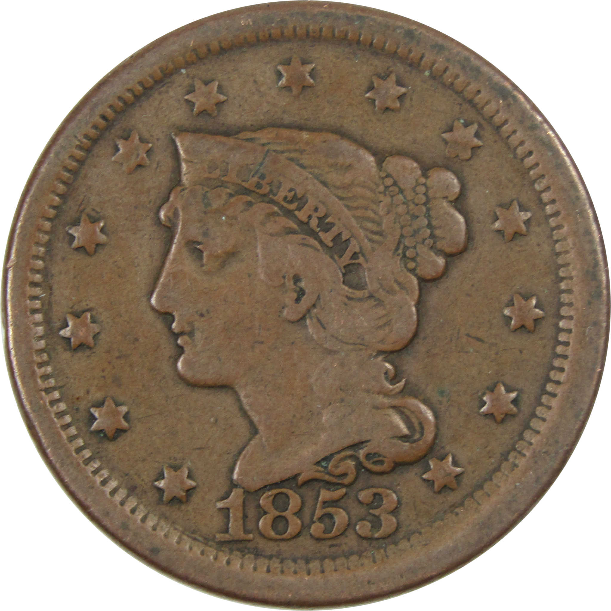 1853 Braided Hair Large Cent F Fine Copper Penny 1c Coin SKU:I14360