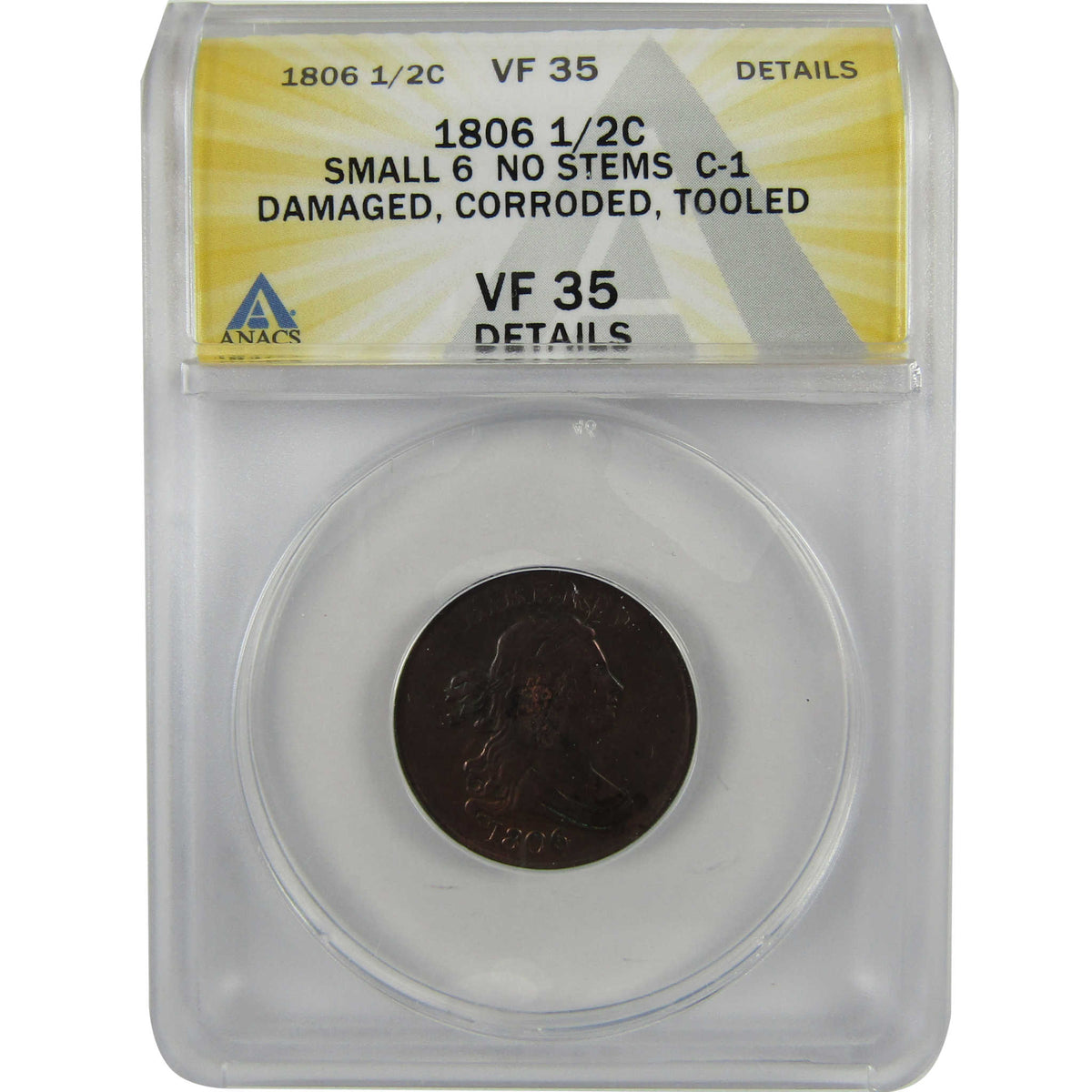1806 Small 6 No Stems Draped Bust 1/2c VF 35 Details ANACS SKU:I28586