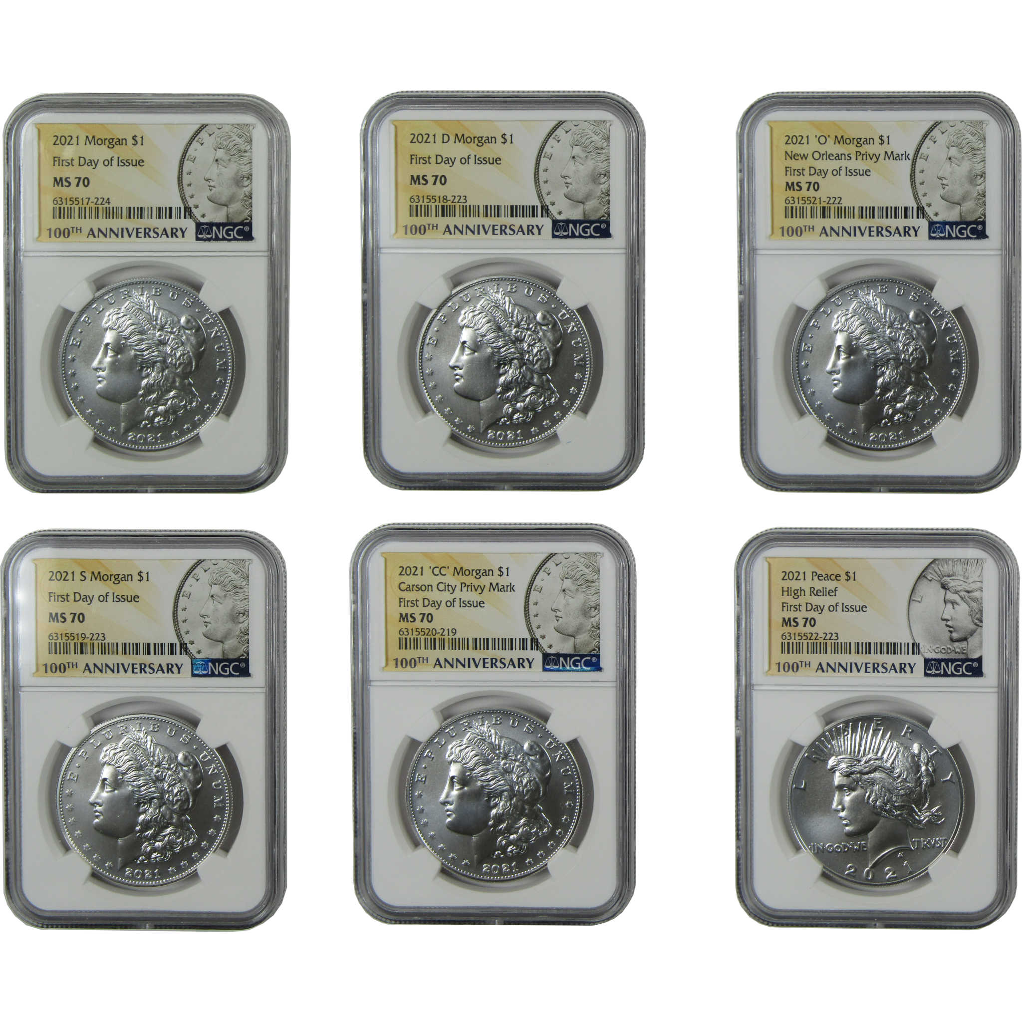 2021 Morgan Peace Silver Dollar 6 Piece Set MS 70 NGC SKU:CP1531