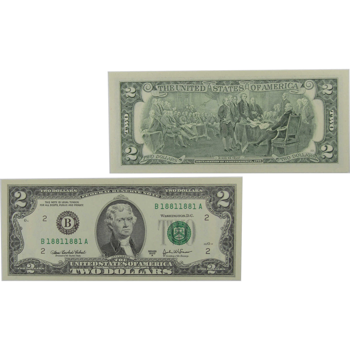 2003 A $2 Federal Reserve Binary Radar Repeater Note Uncirculated