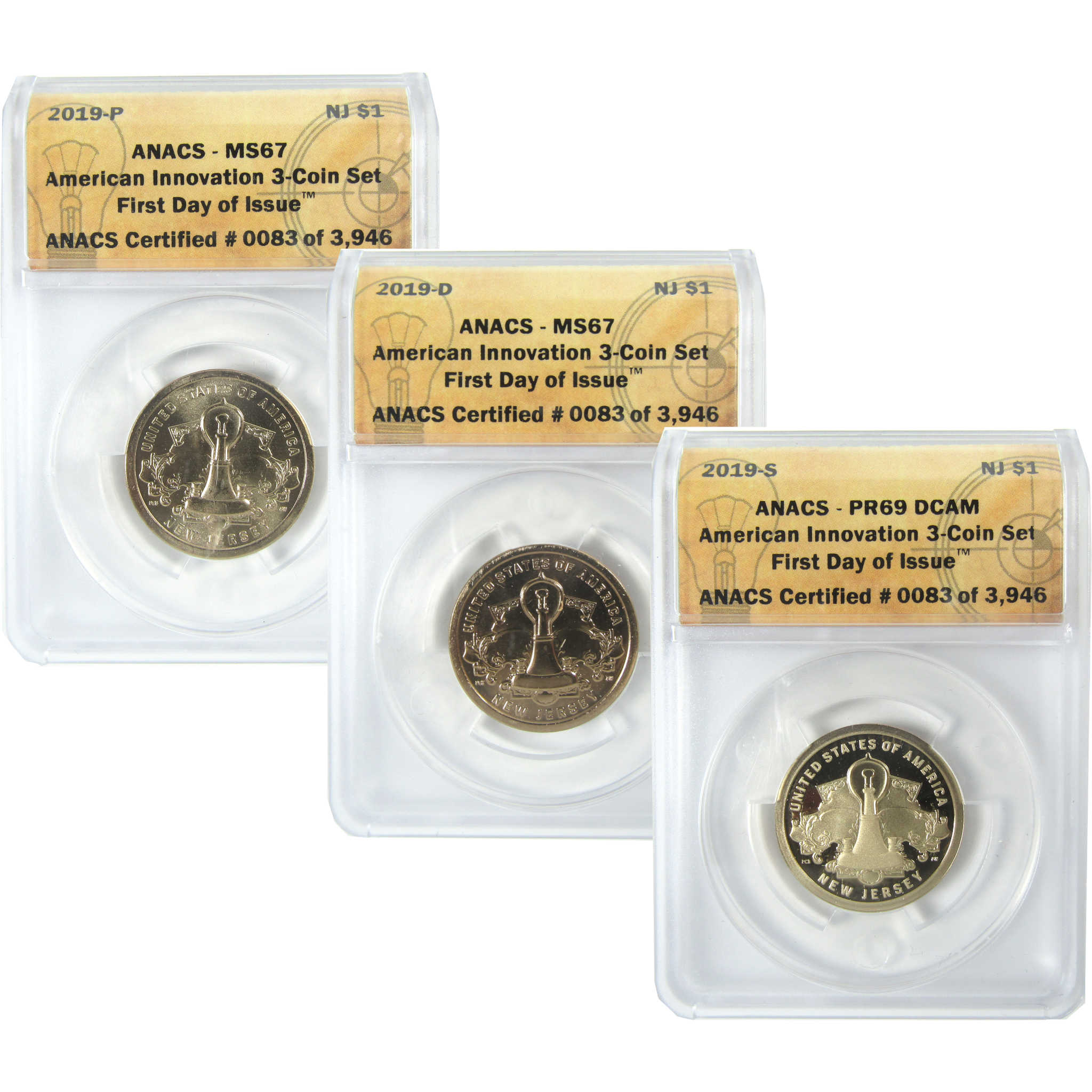 2019 PDS Light Bulb Innovation Dollar 3 Coin Set ANACS SKU:CPC9368