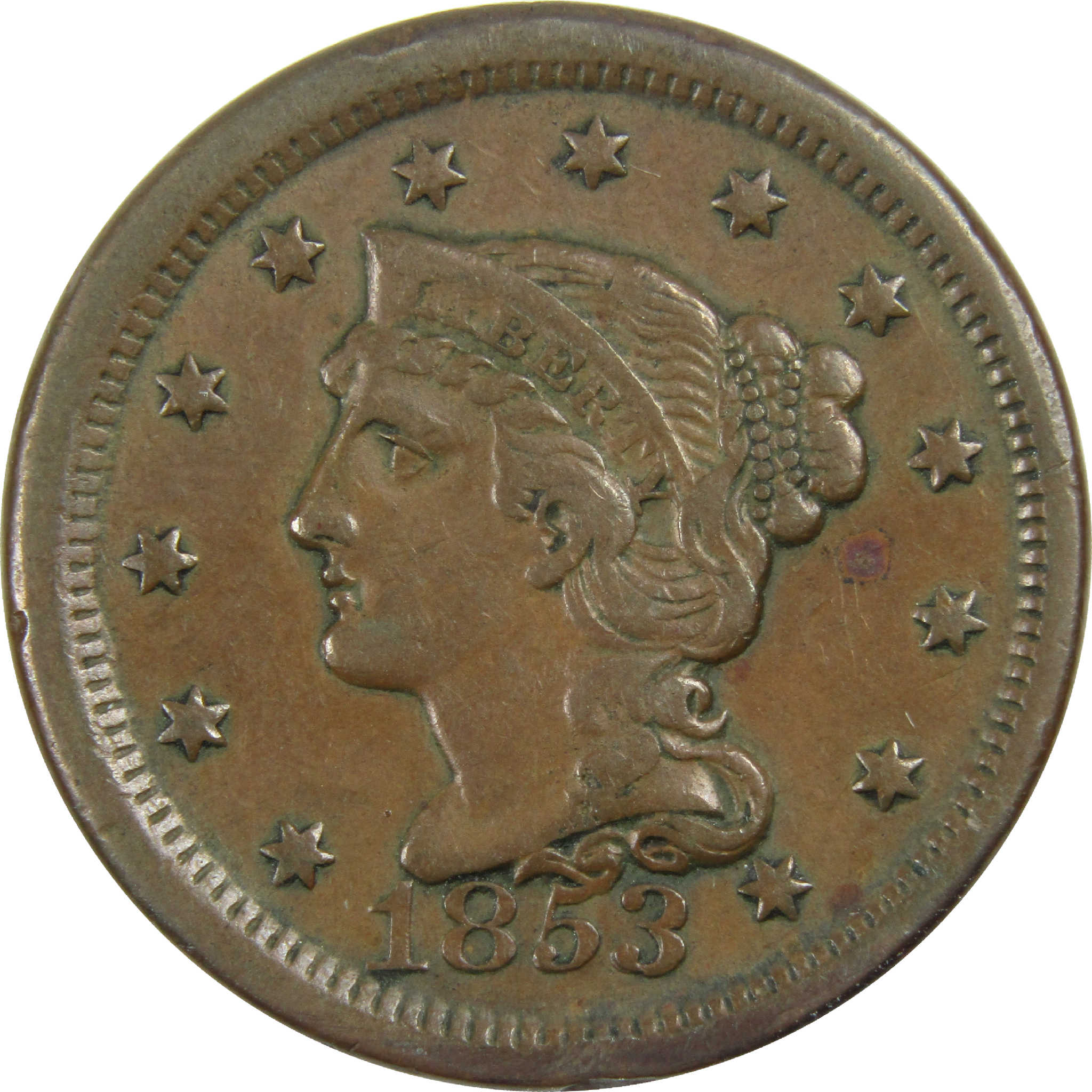 1853 Braided Hair Large Cent VF Very Fine Details Copper SKU:I12532