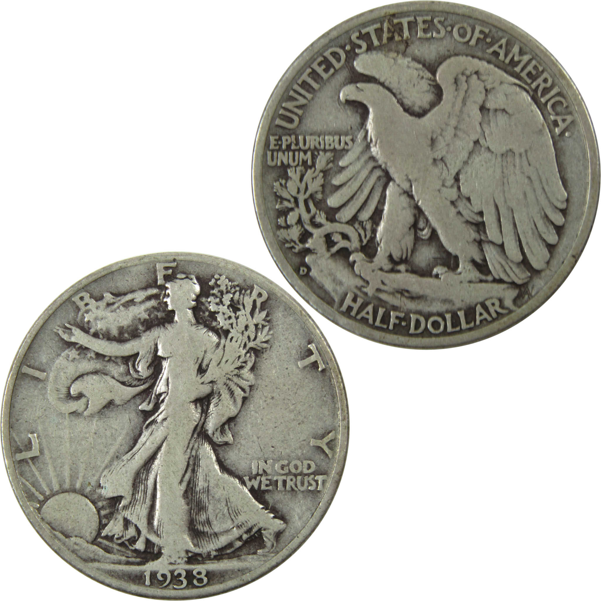 1938 D Liberty Walking Half Dollar F Fine Silver 50c Coin SKU:I13325