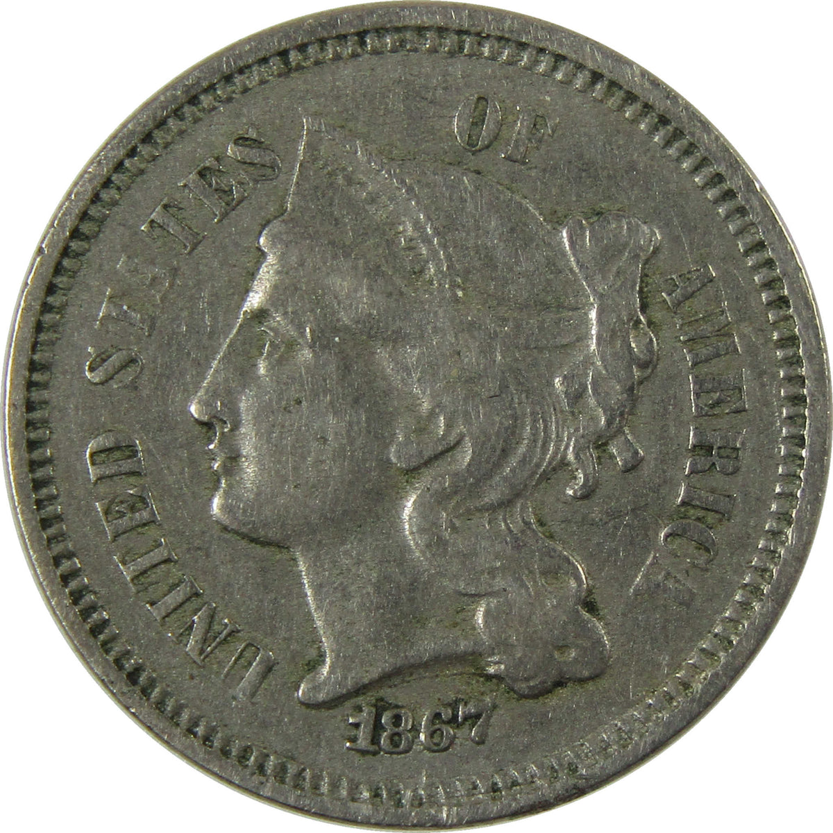 1867 Nickel Three Cent Piece VF Very Fine 3c Coin SKU:I28513